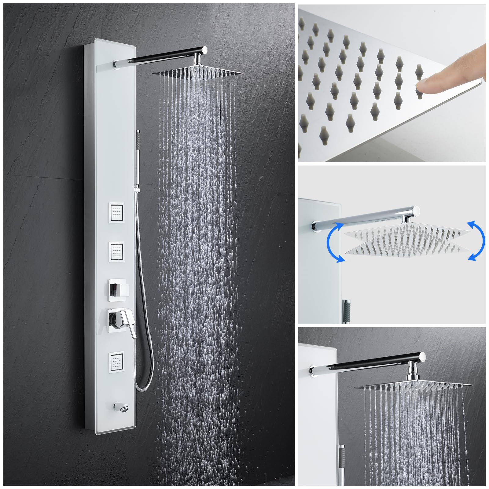 Premium White Tempered Glass Shower Panel Tower System - 304 Stainless Steel Wall Mounted Shower Column with 8