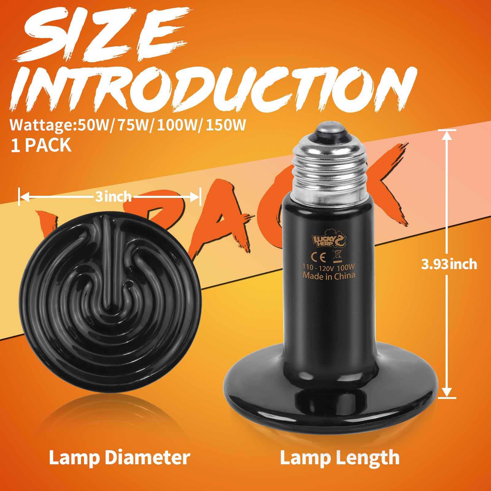 LUCKY HERP 100W Ceramic Heat Emitter Bulb - No Light Reptile Heat Lamp for Lizards, Turtles, Amphibians & Chicken Coops (1 Pack) | Ideal for Terrariums, Brooders & Pet Habitats
