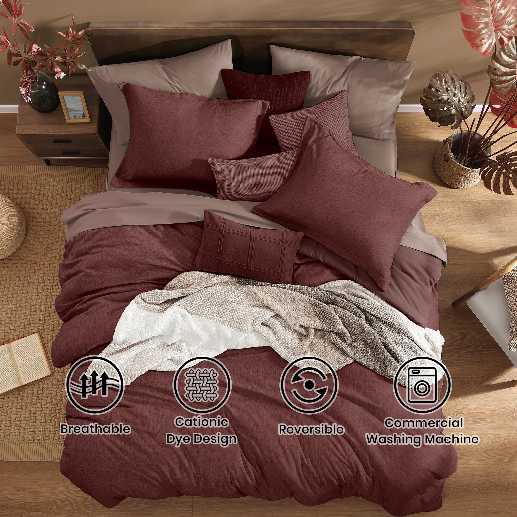 Monbix Queen Comforter Set - 7 Piece Dark Red Reversible Bedding Set with Comforter, Sheets, Pillowcases & Shams | Cationic Dyeing Luxury Bed in a Bag | Perfect for Master Bedroom, Guest Room & Dorm Decor