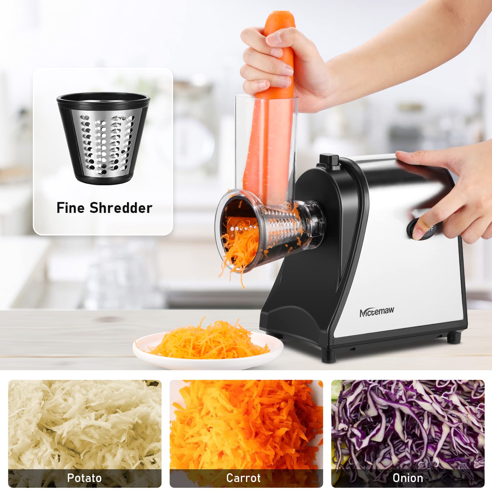250W Electric Cheese Grater & Slicer - 5-in-1 Professional Kitchen Appliance for Block Cheese, Vegetables, Carrots & Zucchini - Perfect for Salads, Pasta, Pizza & Meal Prep
