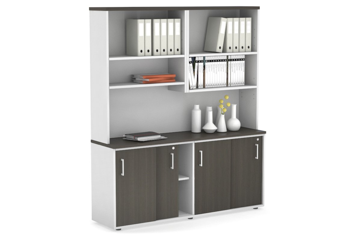 Modern White Sliding Door Credenza with Open Hutch - 1600W x 750H x 450D - Perfect for Home Office, Living Room & Bedroom Storage Organization