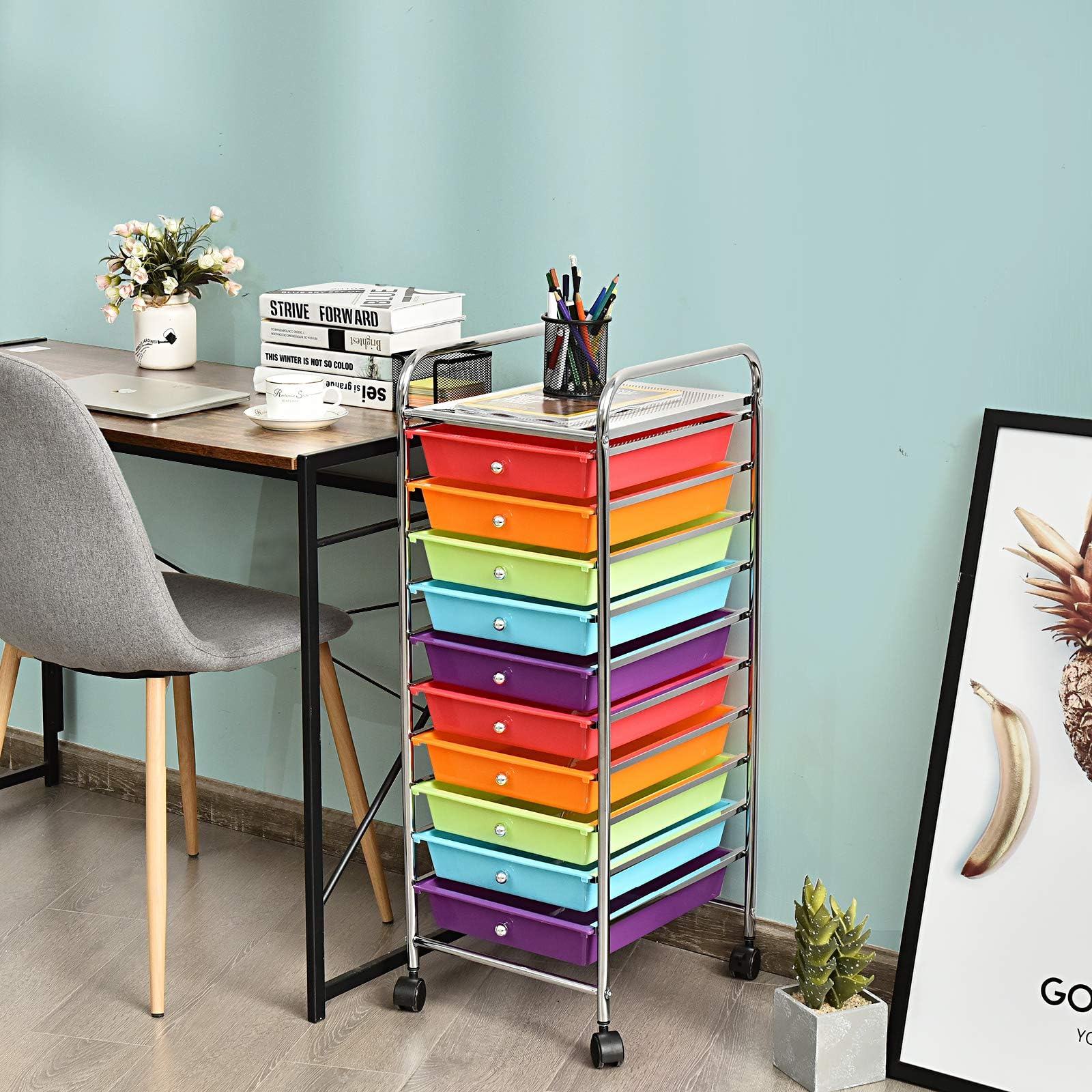 ARLIME 10-Drawer Rolling Storage Cart - Mobile Organizer with Colorful Rainbow Design for Office, School & Craft Room - Perfect for Scrapbooking Supplies, Art Materials & Stationery Organization