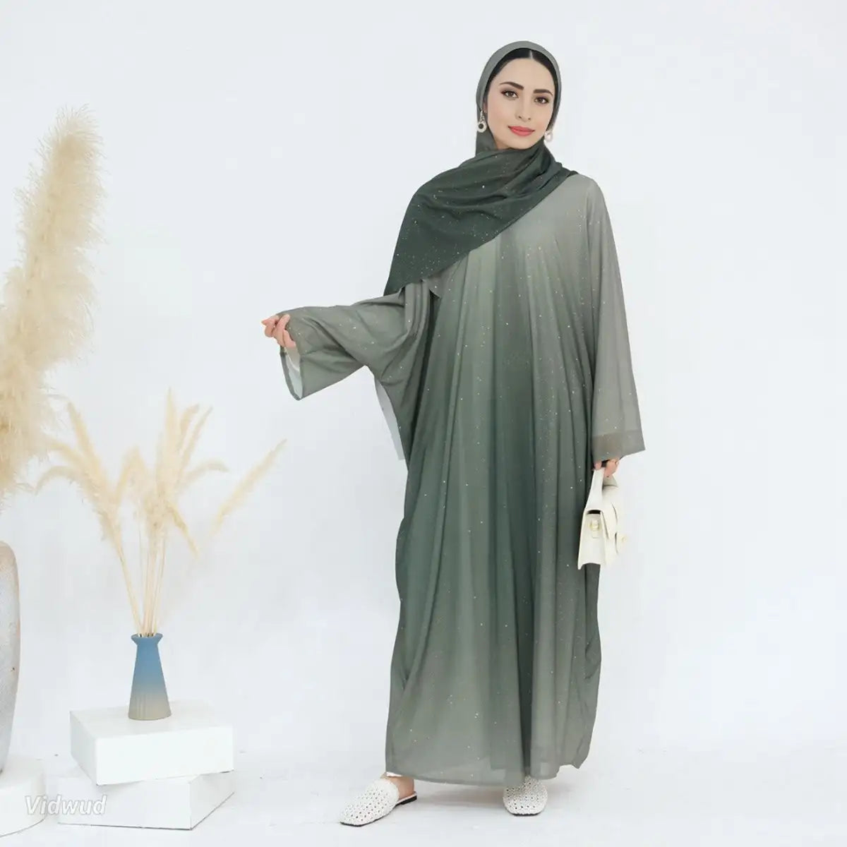 Sparkly Gradient Open Abaya Dress with Matching Glitter Hijab - Elegant Islamic Fashion for Parties, Weddings & Special Occasions
