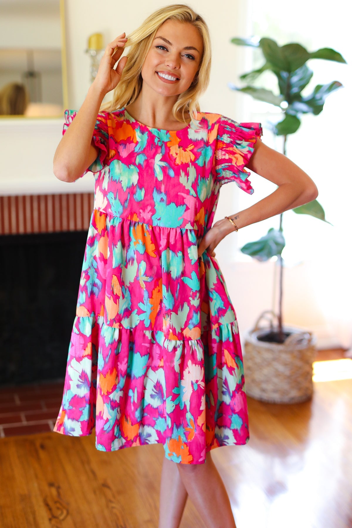 Look of Love Fuchsia Abstract Floral Print Smocked Ruffle Sleeve Dress for Women | Elegant Party & Wedding Guest Outfit