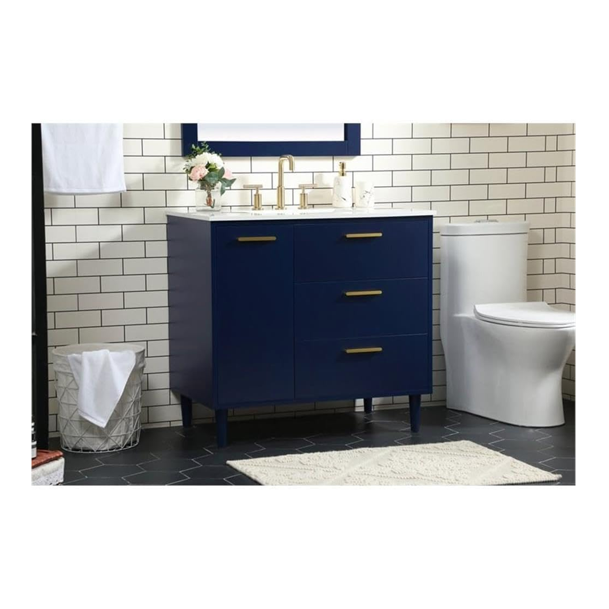 VF47036MBL 36 x 22 Inch White Floor Mount Vanity Top with Faucet Hole & Blue 3-Drawer Vanity Base - Perfect for Bathroom Remodeling and Small Space Solutions