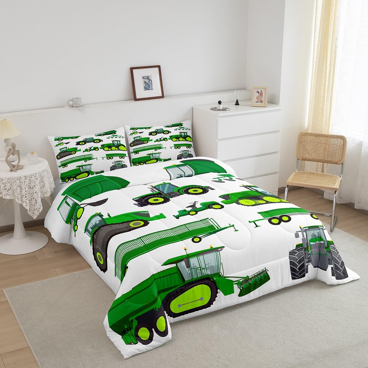 Kids Construction Truck Comforter Set Full Size - Boys Tractor & Excavator Bedding, Farm Machinery & Crane Quilt for Boys Girls Teens - Perfect for Construction Theme Bedrooms & Playrooms