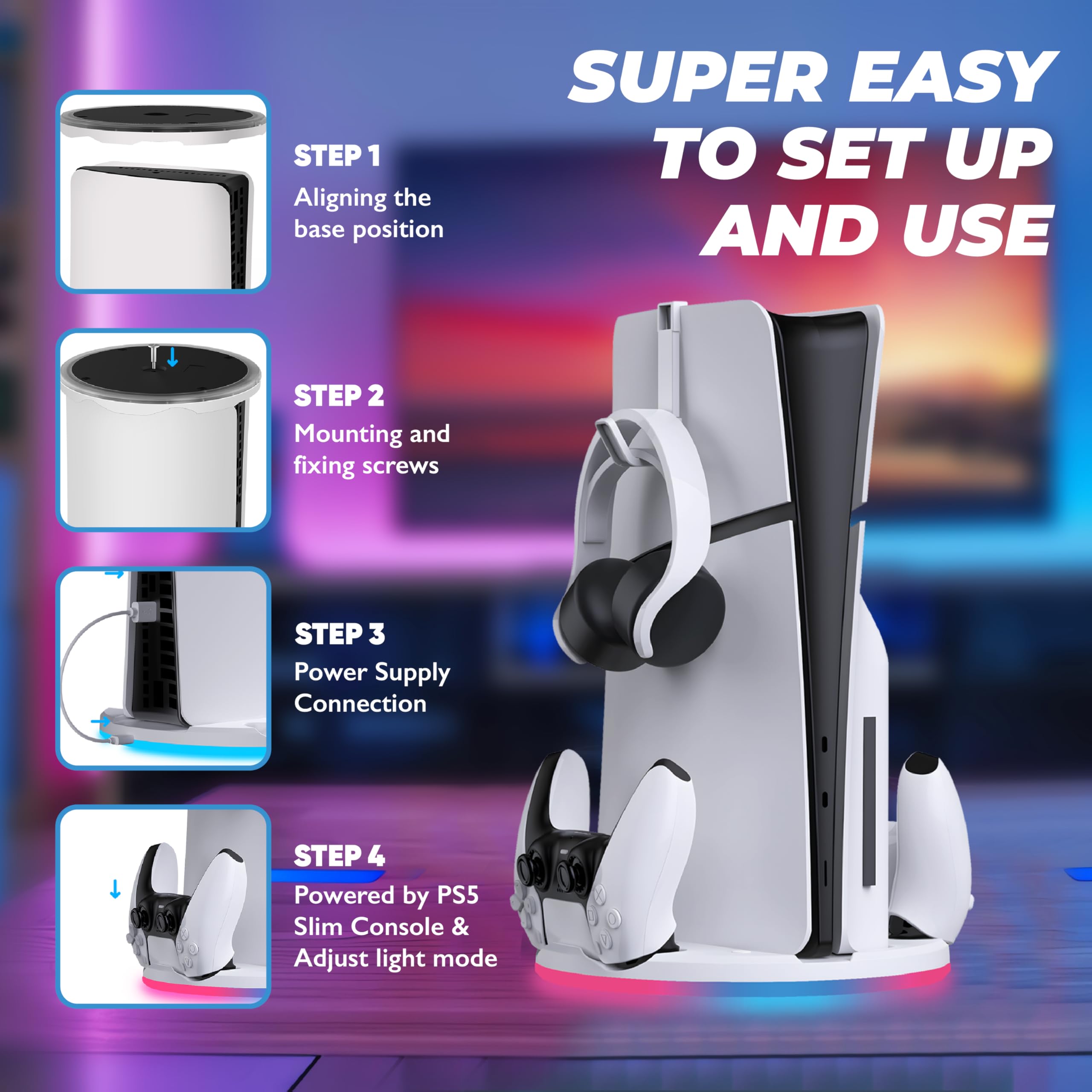 PS5 Slim Vertical Stand with Dual Controller Charger - RGB Lighting Gaming Station for PlayStation 5 | Includes Headset Hook & Fast Charging for DualSense & Edge Controllers | Perfect for Gaming Setup & Console Protection