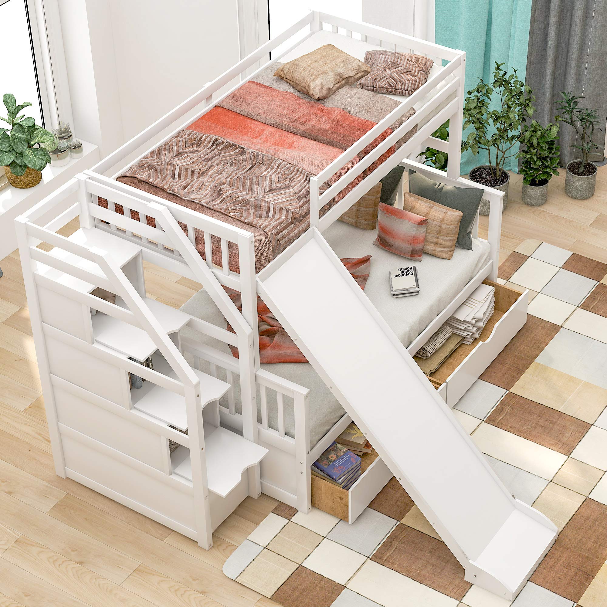 Twin Over Full Bunk Bed with Stairs & Storage - Kids & Adults - White