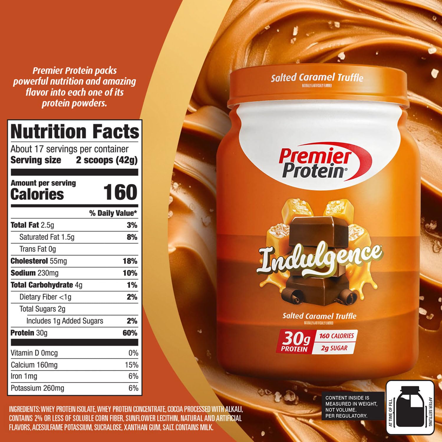 Premier Protein Indulgence Protein Powder - 30g Protein, 3g Sugar, Salted Caramel Truffle Flavor, 17 Servings - Ideal for Post-Workout Recovery & Healthy Snacking