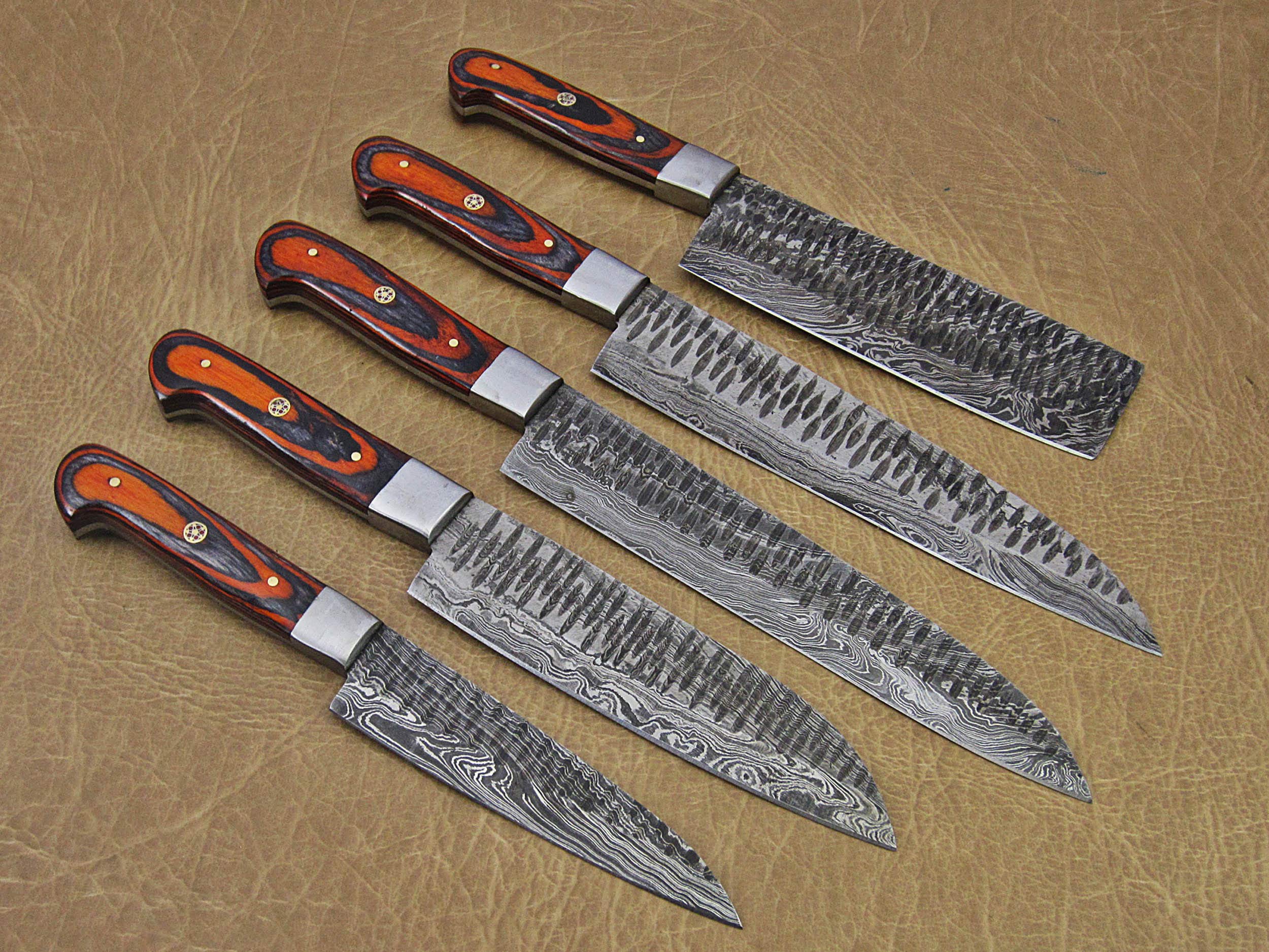 5-Piece Damascus Steel Hammered Kitchen Knife Set with 2-Tone Orange Wood Handle – 54-Inch Sharp Hand-Forged Blades & Goat Suede Leather Sheath – Perfect for Professional Chefs, Home Cooking, and Outdoor Culinary Adventures