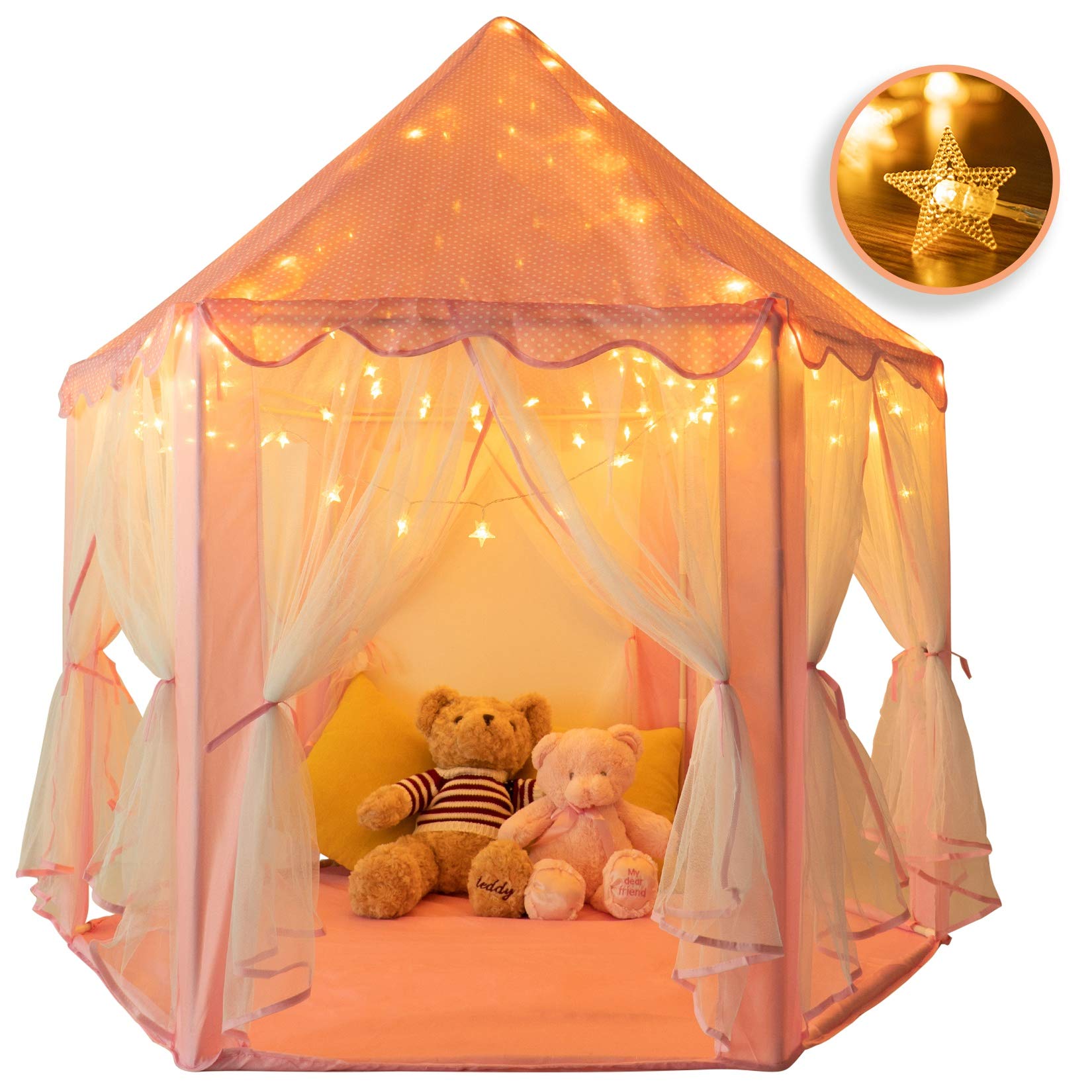 Princess Castle Play Tent for Kids - Fairy Tale Hexagon Playhouse with Star Lights, Indoor & Outdoor Toy for Girls, Birthday Gift | Perfect for Bedroom Decor, Backyard Fun & Imaginative Play