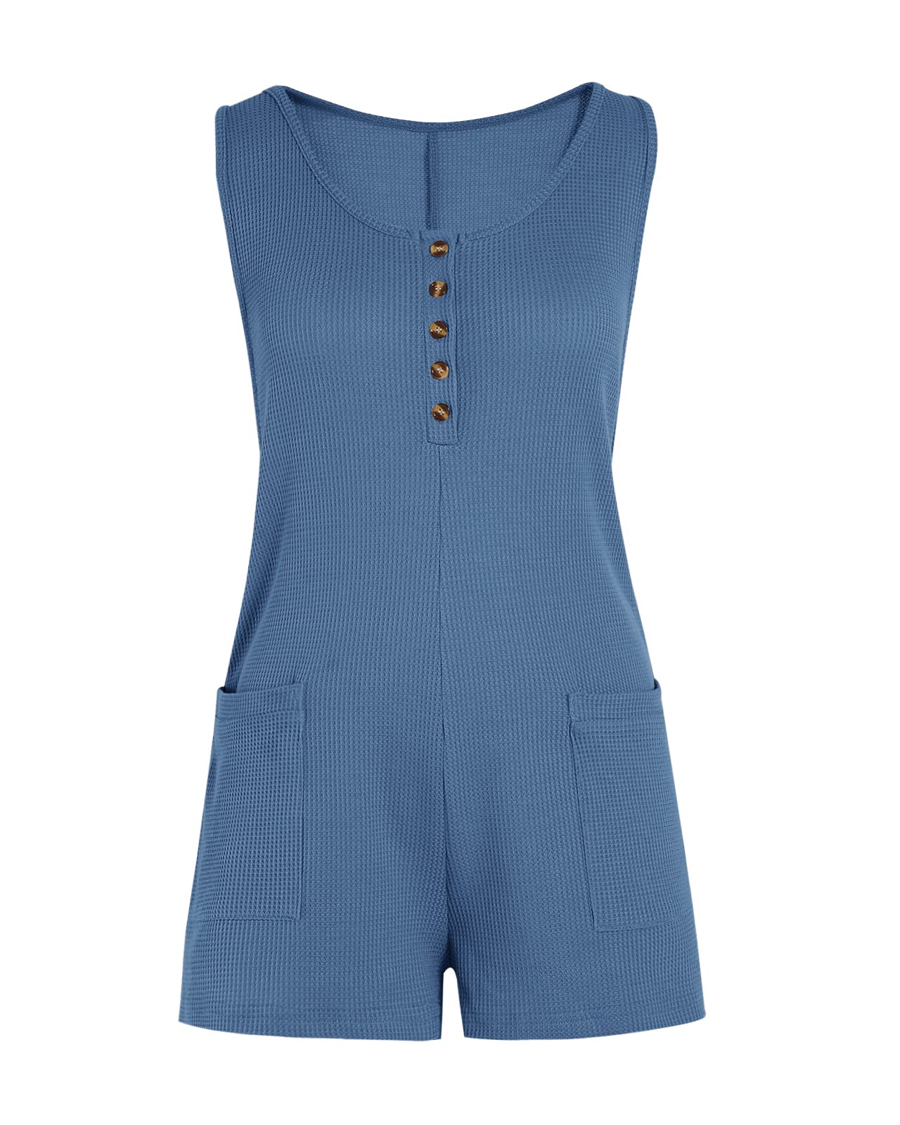 Women's Sleeveless Romper Jumpsuit - Button Down Waffle Fabric Summer Outfit for Vacation, Beach & Casual Wear