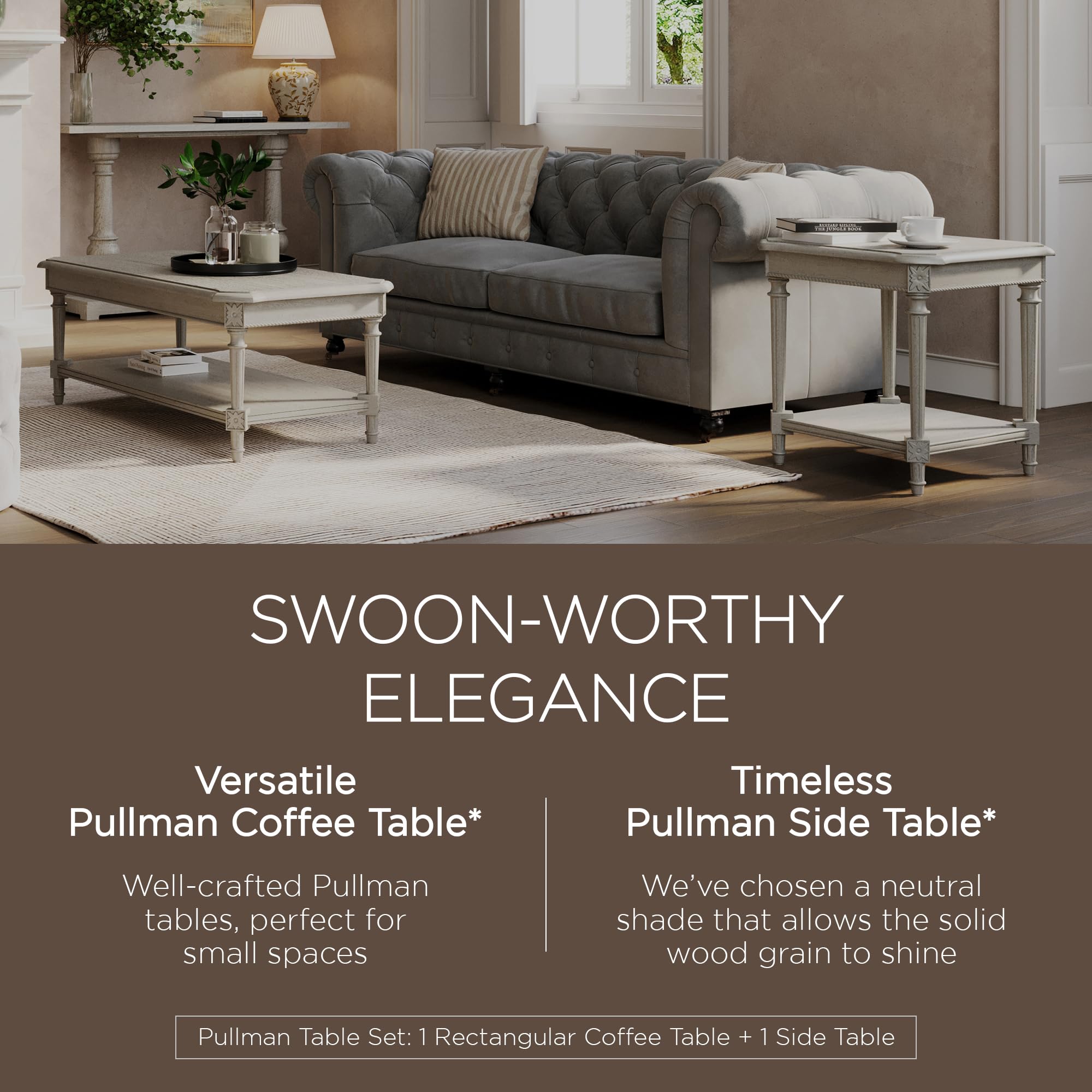 Rustic Antiqued White Wooden Coffee Table Set - Pullman Traditional Rectangular Center Table & Square Side Table with Storage | Perfect for Living Room, Lounge & Home Decor