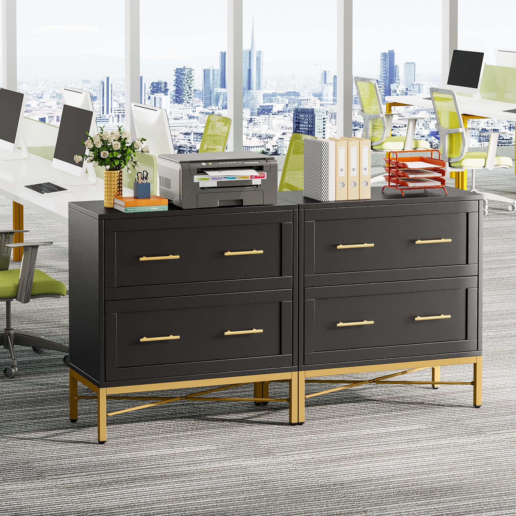 Tribesigns 2 Drawer File Cabinet - Modern Lateral Filing Cabinet for Letter/Legal/A4 Size Documents - Large Storage Cabinet with Printer Stand for Home Office - Black & Gold - Perfect for Organizing Files, Office Supplies & Workspace Essentials