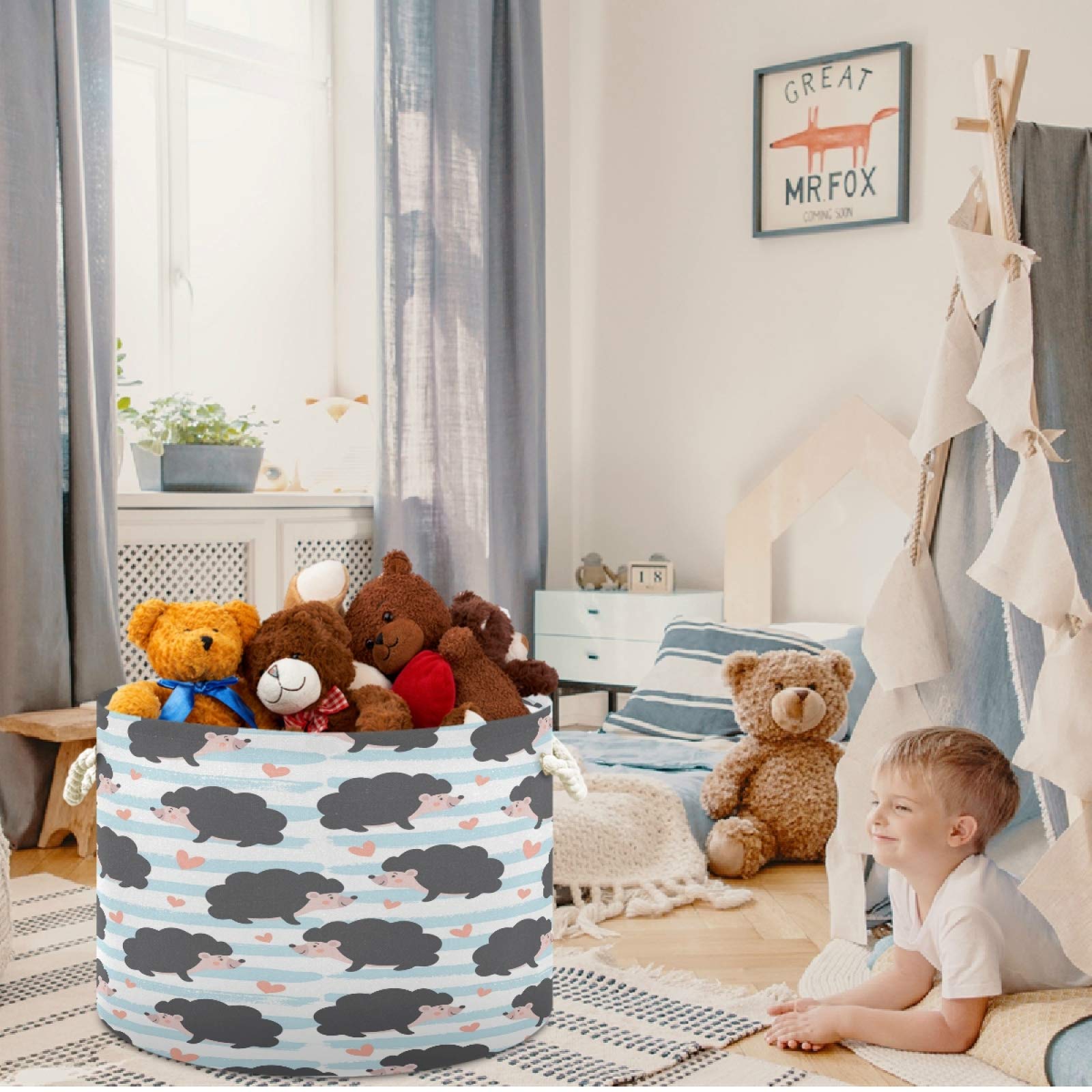 Visesunny Cute Hedgehog Storage Basket with Heart - Nursery Hamper, Canvas Fabric Toy Organizer Bin, Laundry Basket for Kids Room, Playroom, Shelves - Perfect for Toy Storage, Baby Clothes & Nursery Decor