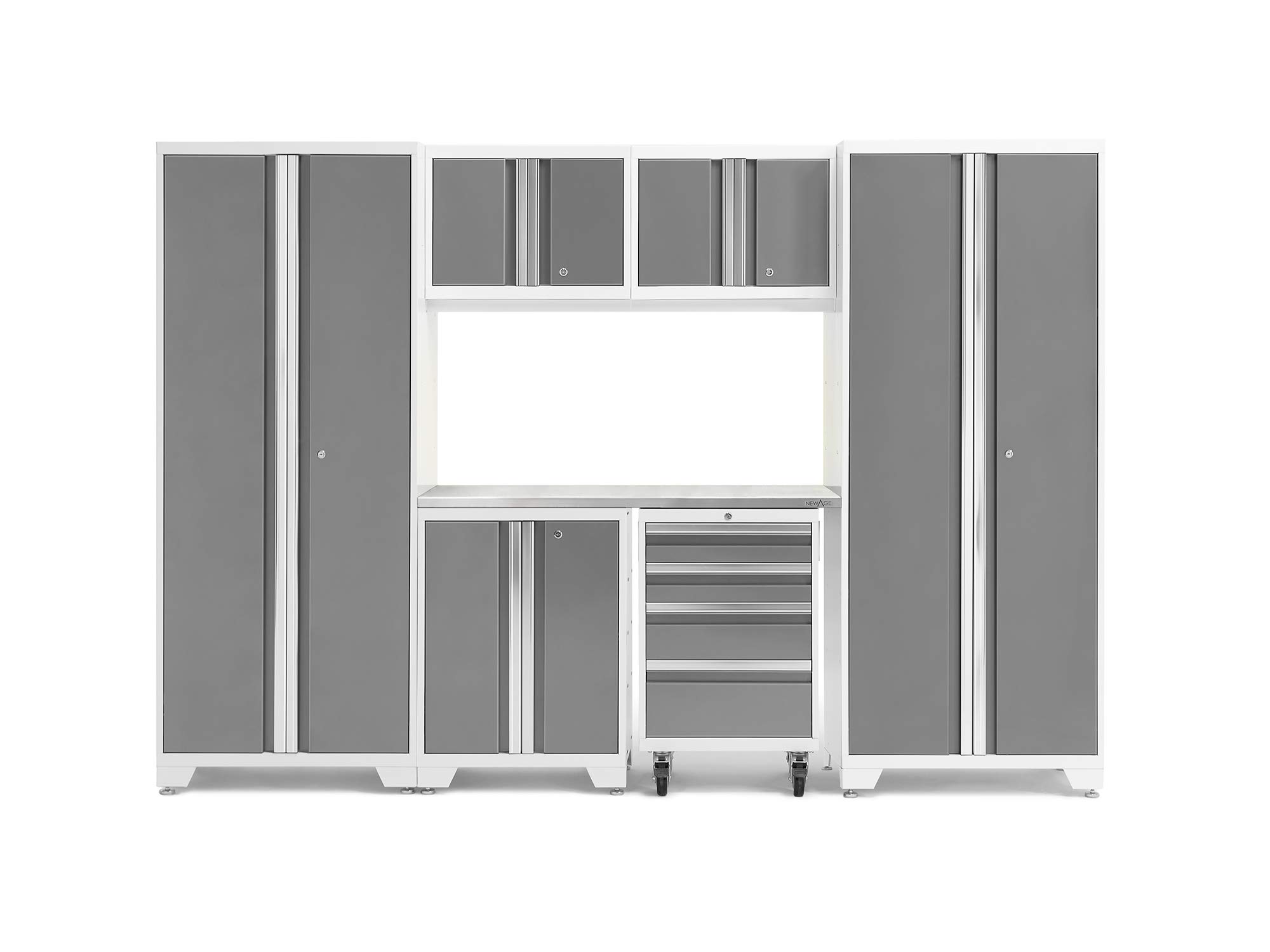 NewAge Products Bold Series White 7-Piece Garage Cabinet Set 54873 - Heavy Duty Storage for Tools, Equipment & Workshop Organization