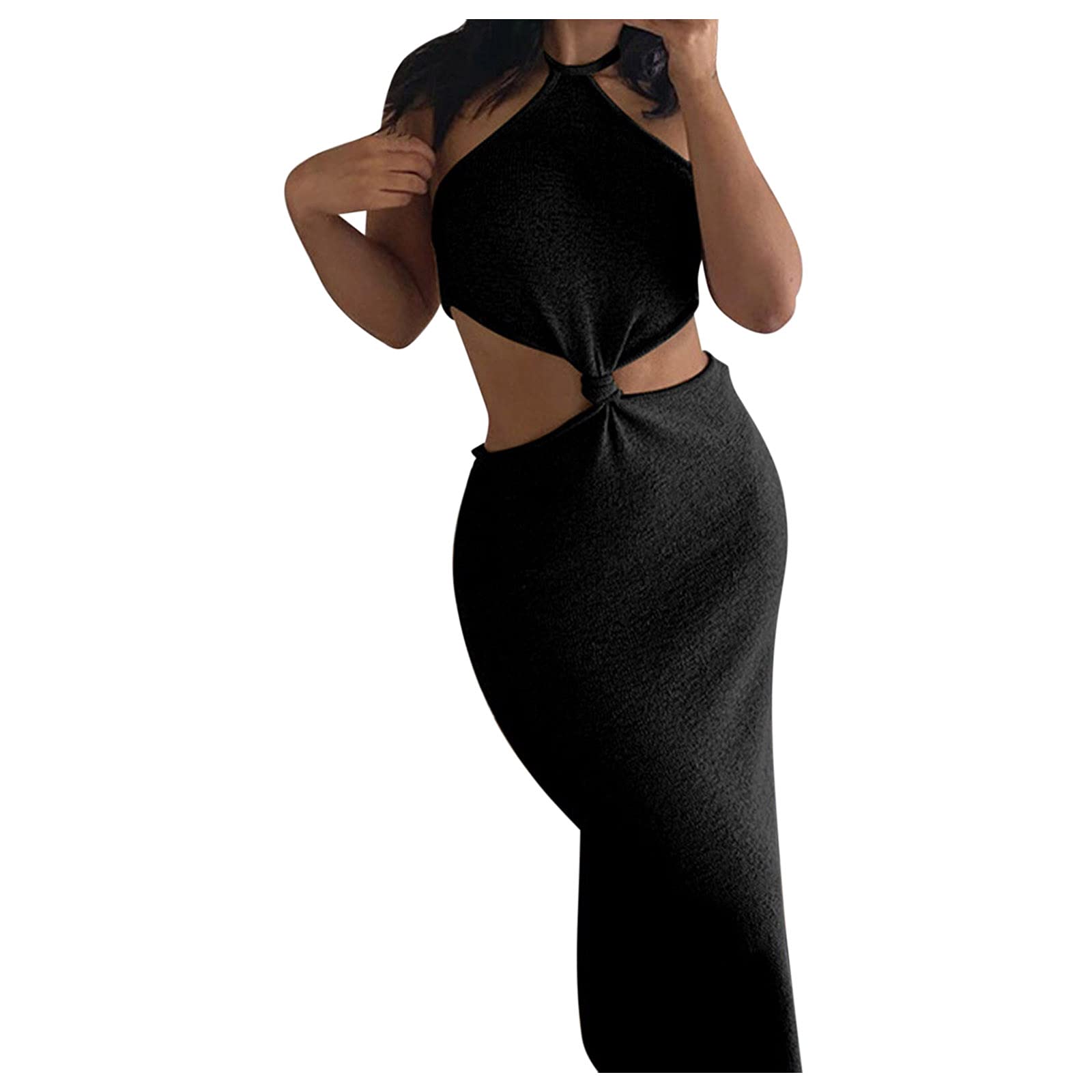 Sexy Women's Hollow Backless Bodycon Maxi Dress - Elegant Halter Sling Knitted Party Clubwear for Night Out, Date Night & Special Occasions