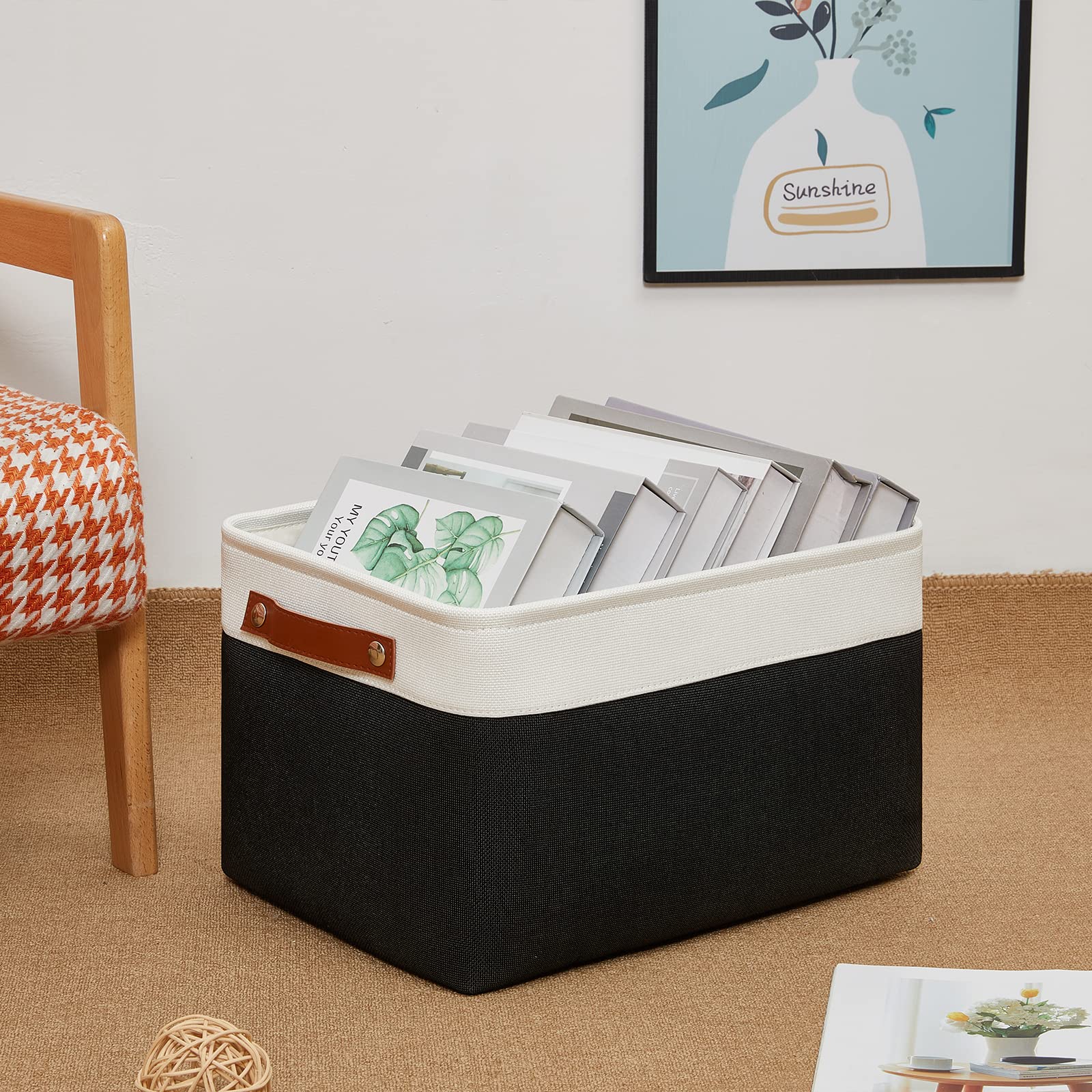 DULLEMELO Linen Closet Organizer & Storage Basket with Handles - White & Black for Shelves, Closet, Office, Bedroom | Perfect for Organizing Clothes, Toys, Gifts & Home Decor Storage Solutions