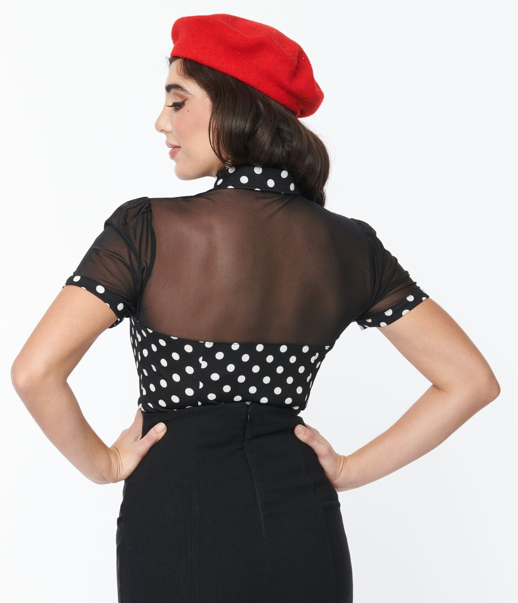 Vintage Black and White Polka Dot Mesh Sweetheart Top - Retro 50s Style Women's Blouse for Date Night & Special Occasions
