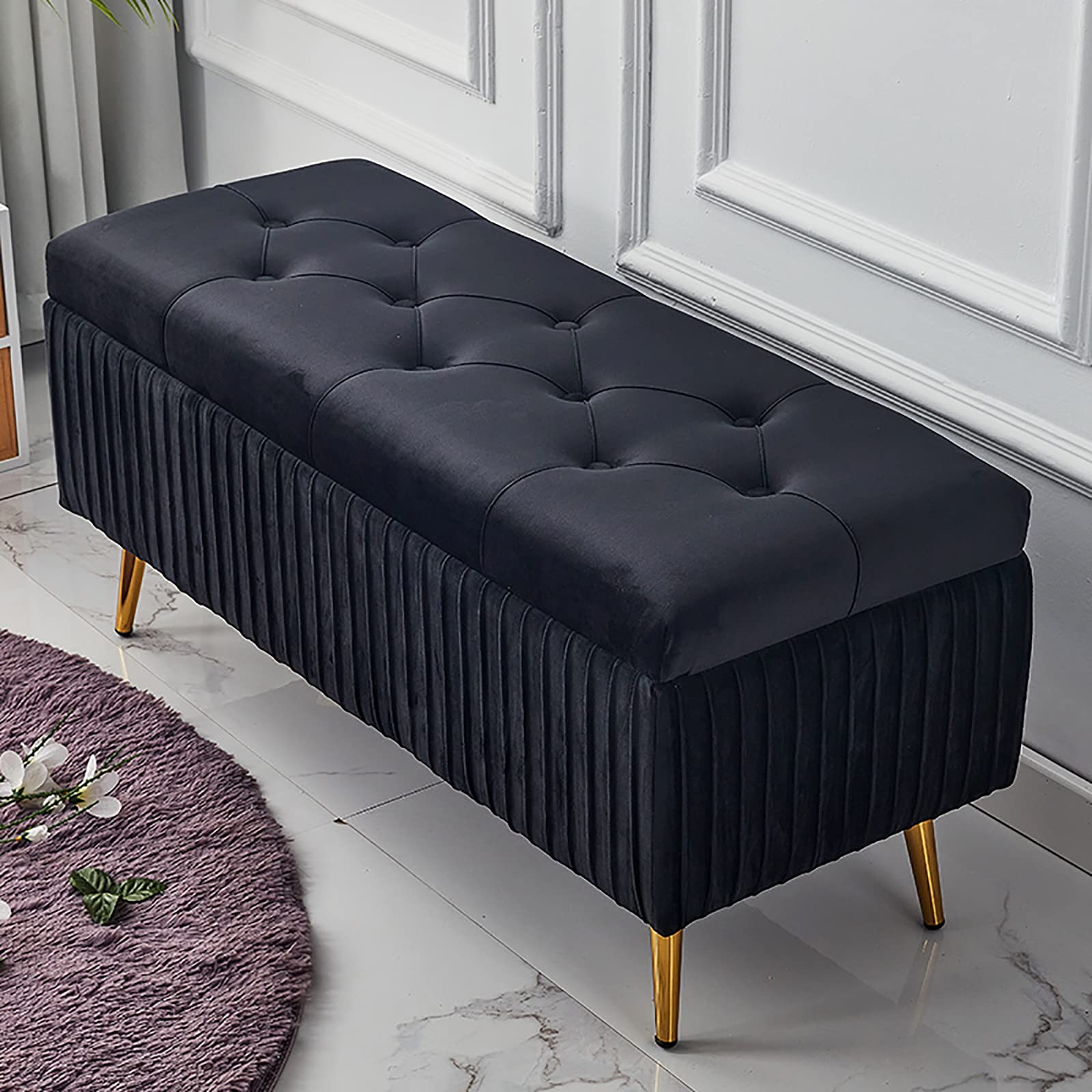 Luxury Velvet Upholstered Storage Bench - 60x40x45cm (24x16x18inch) Black Shoe Bench with Cushioned Seat for Entryway, Living Room & Bedroom - Multi-Functional Footrest, Ottoman & Decorative Furniture for Home Organization