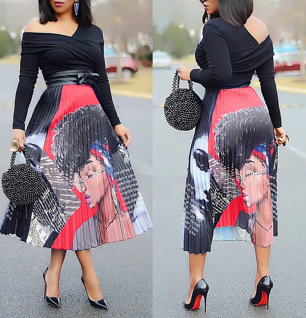 ThusFar Women's Graffiti Pleated Skirts - Cartoon Printed Elastic Waist A-Line Swing Midi Skirt for Casual Wear, Street Style & Summer Outfits