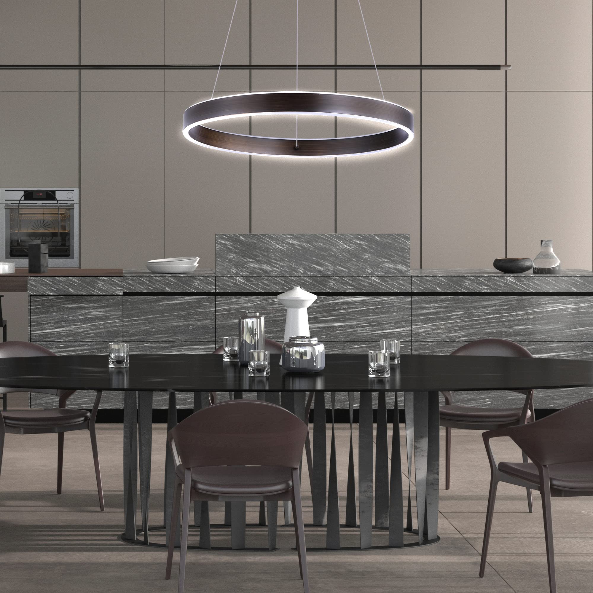 Modern Adjustable LED Pendant Light - 1 Ring Chandelier in Warm White (3000K) & Brown Finish for Dining Room, Living Room, Bedroom, Hallway - Perfect for Kitchen Islands, Breakfast Nooks & Entryway Lighting