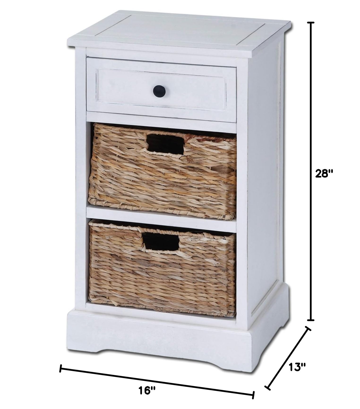Urban Designs Malibu 3-Drawer Nightstand with Wicker Baskets - White Wooden Bedside Table for Bedroom Storage & Organization - Perfect for Small Spaces, Guest Rooms & Apartment Living