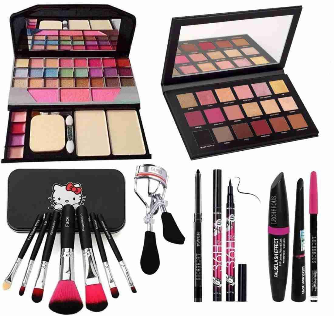 RJguddu Tya Fashion 6155 16-Piece Multicolor Makeup Kit with 7 Black Brushes, Rose Gold Eyeshadow Palette, 36H Kajal, 3-in-1 Eyeliner, Mascara, Eyebrow Pencil, Eyelash Curler & Beauty Blender – Perfect for Professional Makeup Artists & Beginners | Great for Parties, Weddings & Everyday Glam