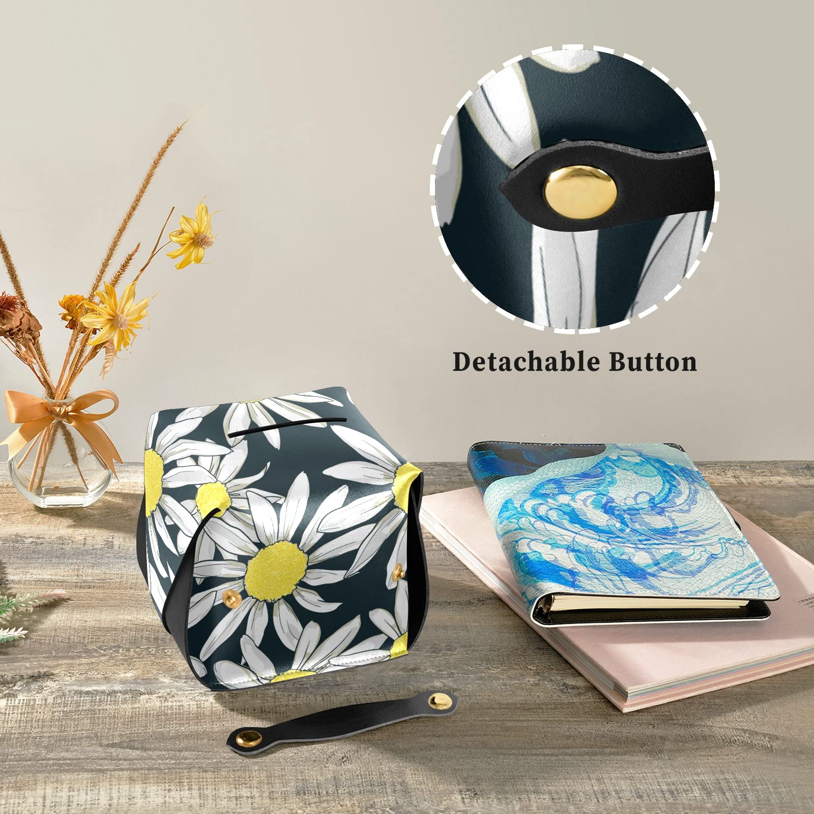 Chamomile PU Leather Tissue Box Cover - Rectangular Decorative Toilet Paper Holder with Handle for Bathroom, Living Room & Bedroom - Home Decor Organizer