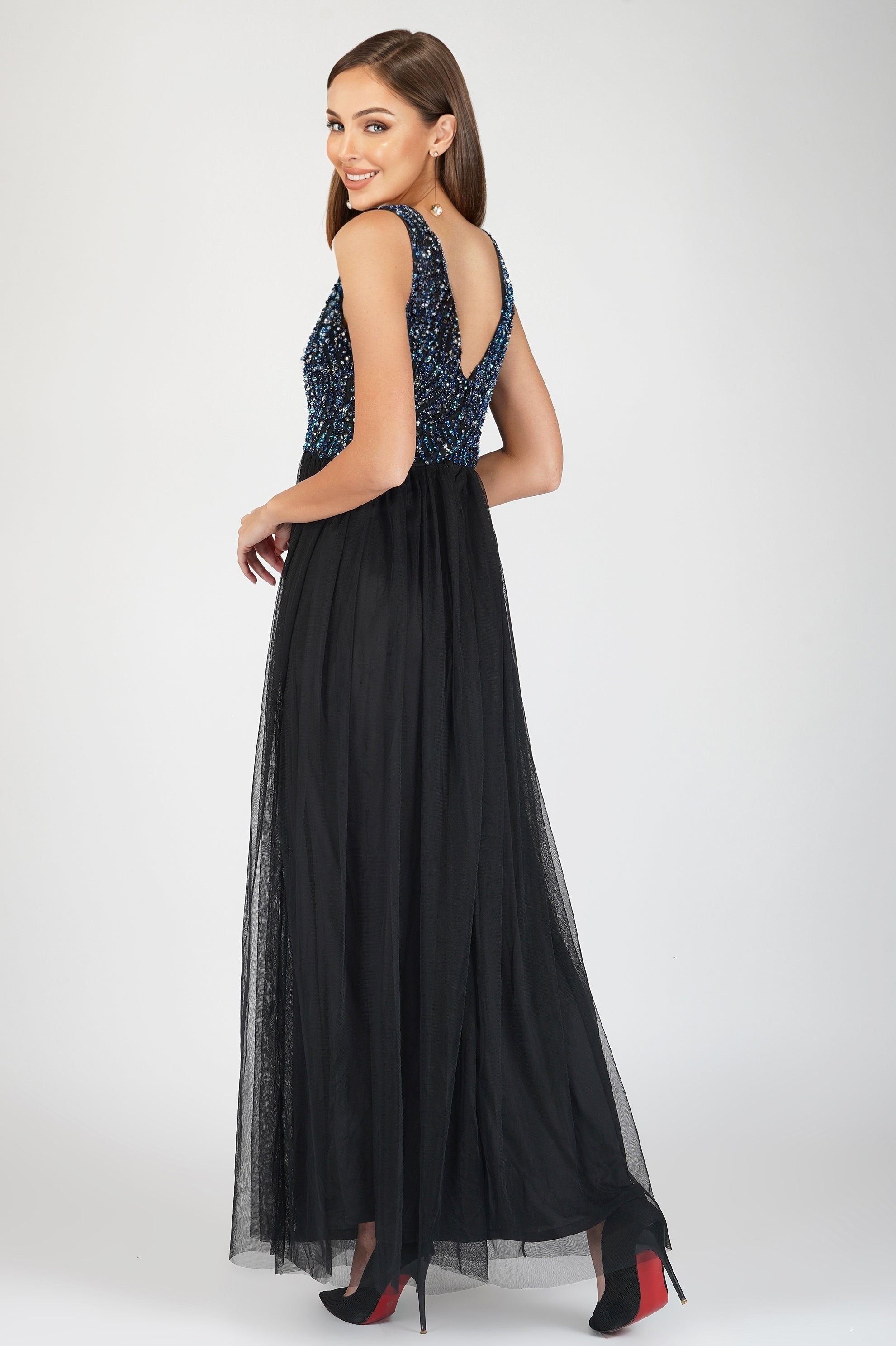Ada Black Embellished Maxi Dress for Women - Elegant Evening Gown with Beaded Details, Formal Party Dress for Weddings, Prom, Cocktail Events & Special Occasions