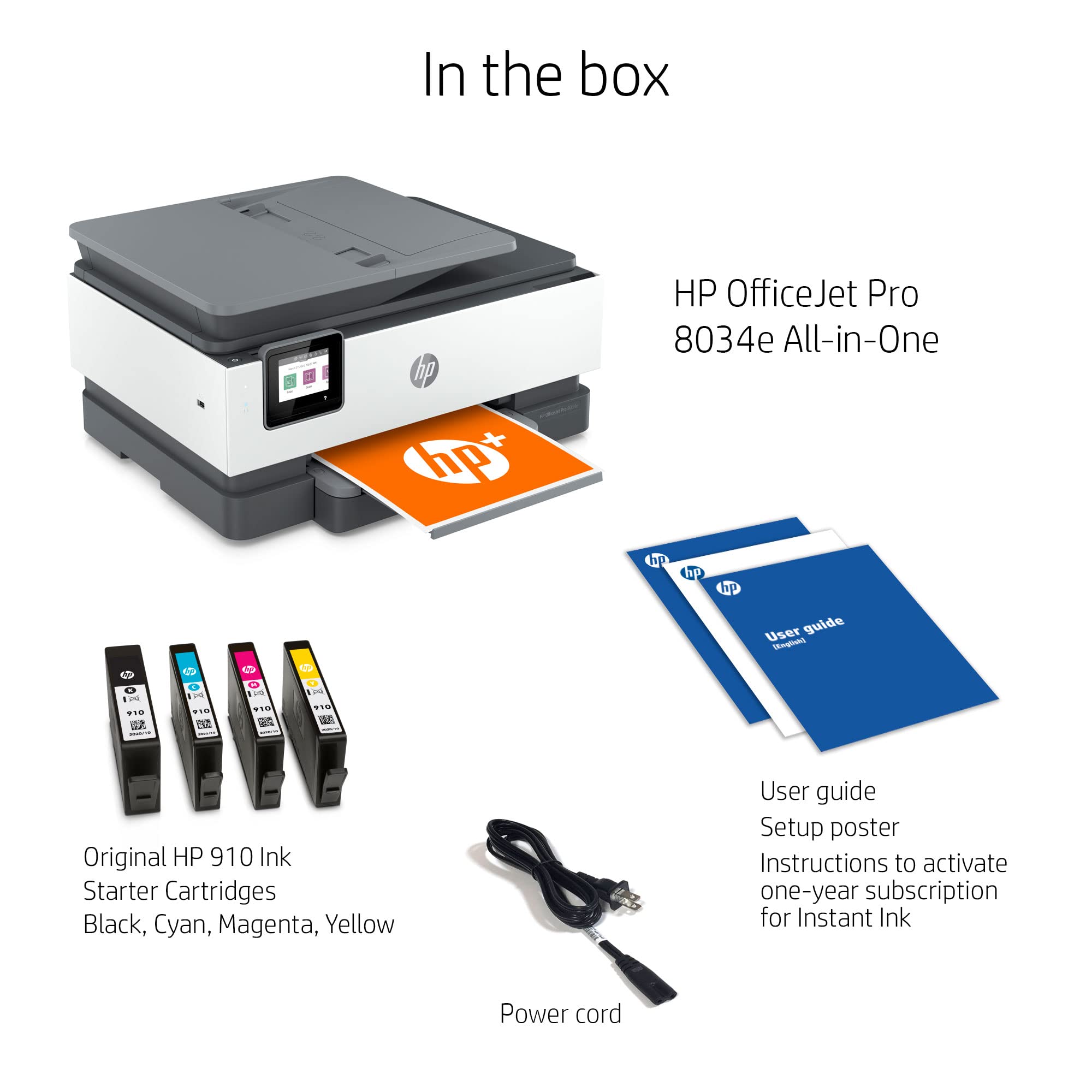 HP OfficeJet Pro 8034e All-in-One Wireless Printer with Scanner, Copier & Fax | High-Speed Printing | White | Ideal for Home Office & Small Business Use
