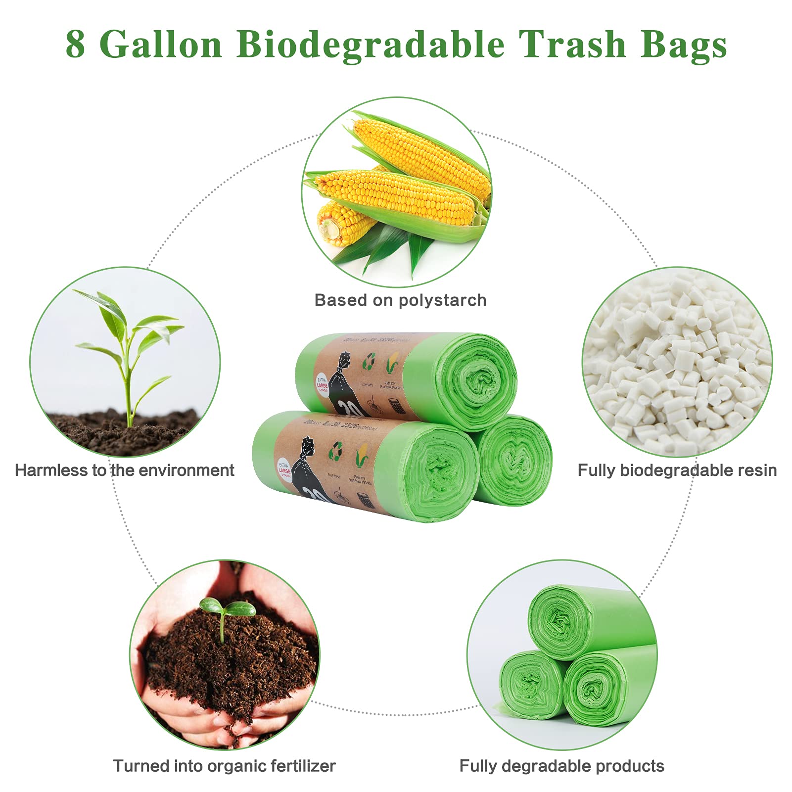 Toplive 8 Gallon Green Trash Bags - Heavy Duty Garbage Bags for Kitchen, Bathroom, Bedroom & Office Waste Bins | Leak Proof & Odor Control | Perfect for Home, Commercial & Outdoor Use