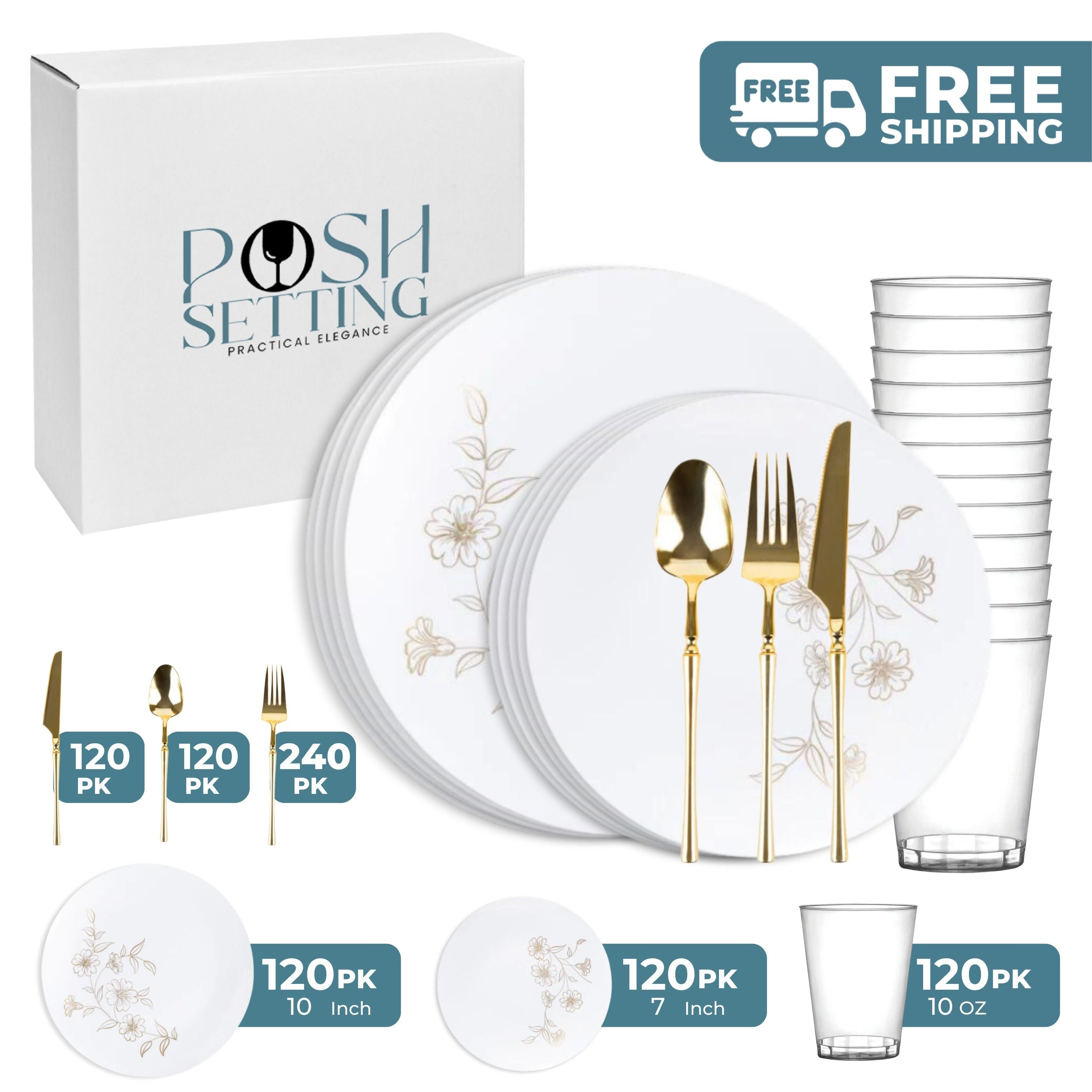 White and Gold Plastic Party Bundle - Primrose - Elegant Party Decorations for Weddings, Birthdays, and Special Events