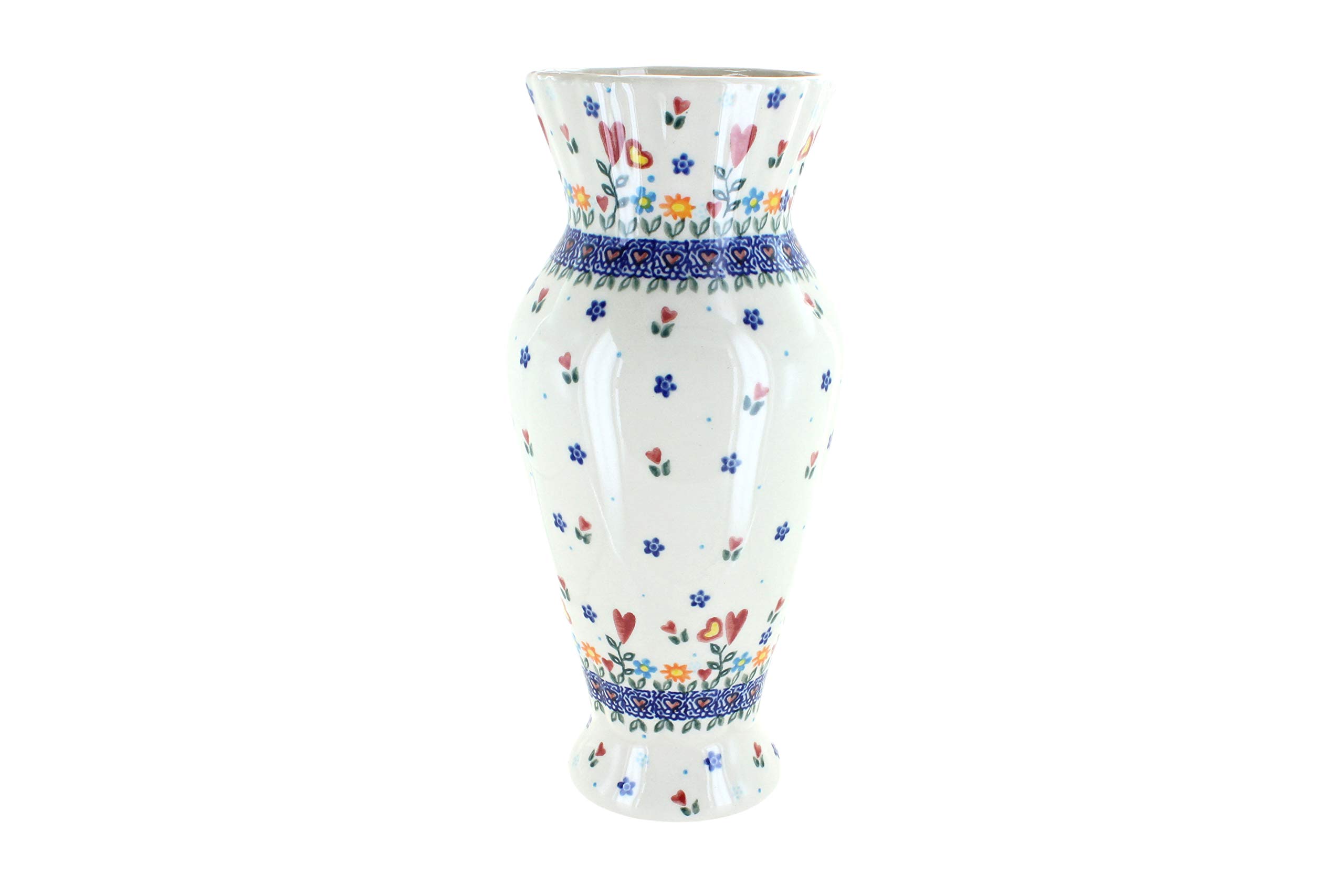 Handmade Blue Rose Polish Pottery Vase - Floral & Heart Design - Elegant Tall Ceramic Vase for Home Decor, Wedding Centerpiece & Gift Idea
