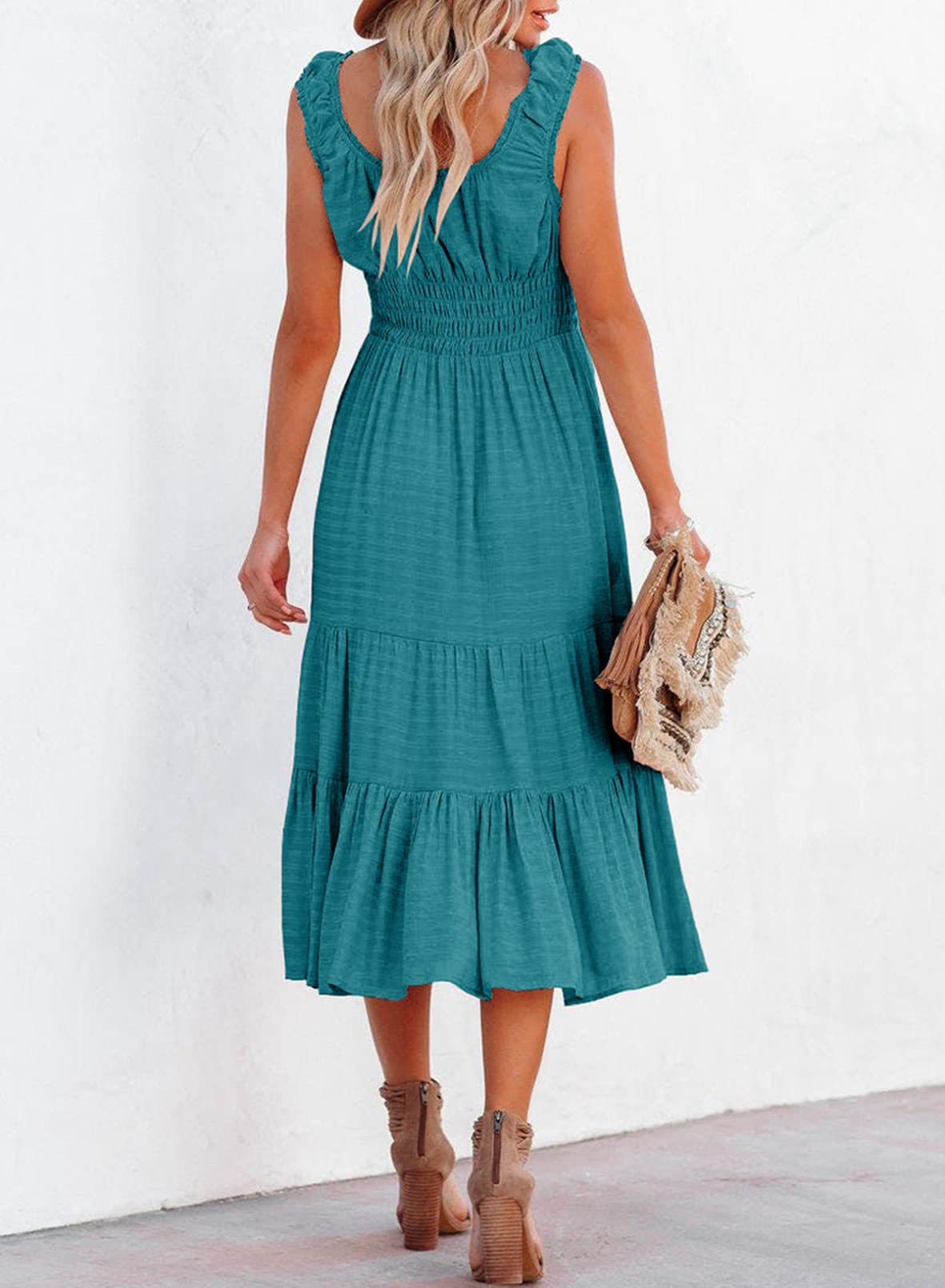 AlvaQ Women's Summer Sleeveless Smocked Midi Dress - High Waist A-Line Sundress with Pockets for Beach, Vacation & Casual Outings