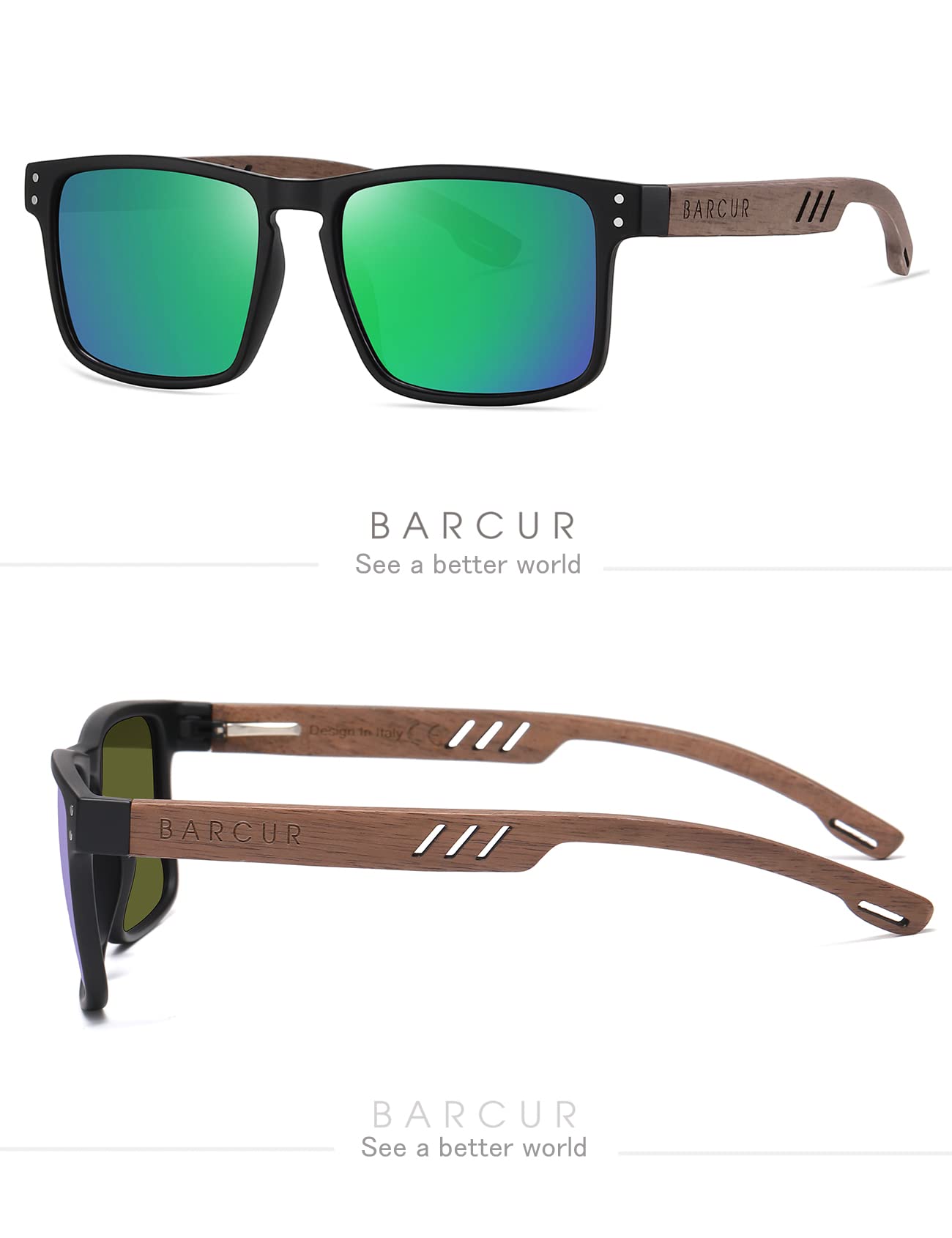 Square Wooden Sunglasses for Men - Polarized UV Protection Lenses, Walnut Wood Frame - Perfect for Outdoor Activities, Beach, and Driving
