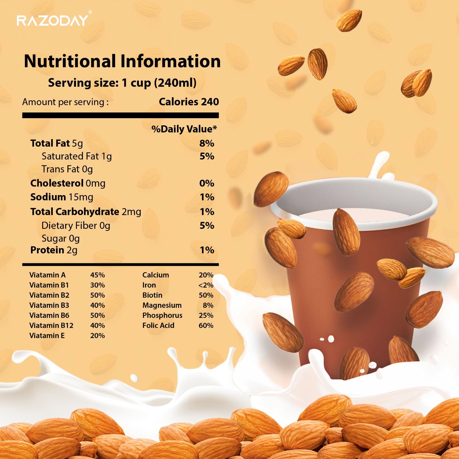 Razoday Instant Almond Powder (250g) | Natural Almond Milk Mix for Kids & Adults | Handpicked Premium Almond Powder | Healthy Drink Mix for Shakes, Smoothies & Desserts | Perfect for Breakfast, Snacks & Post-Workout Nutrition