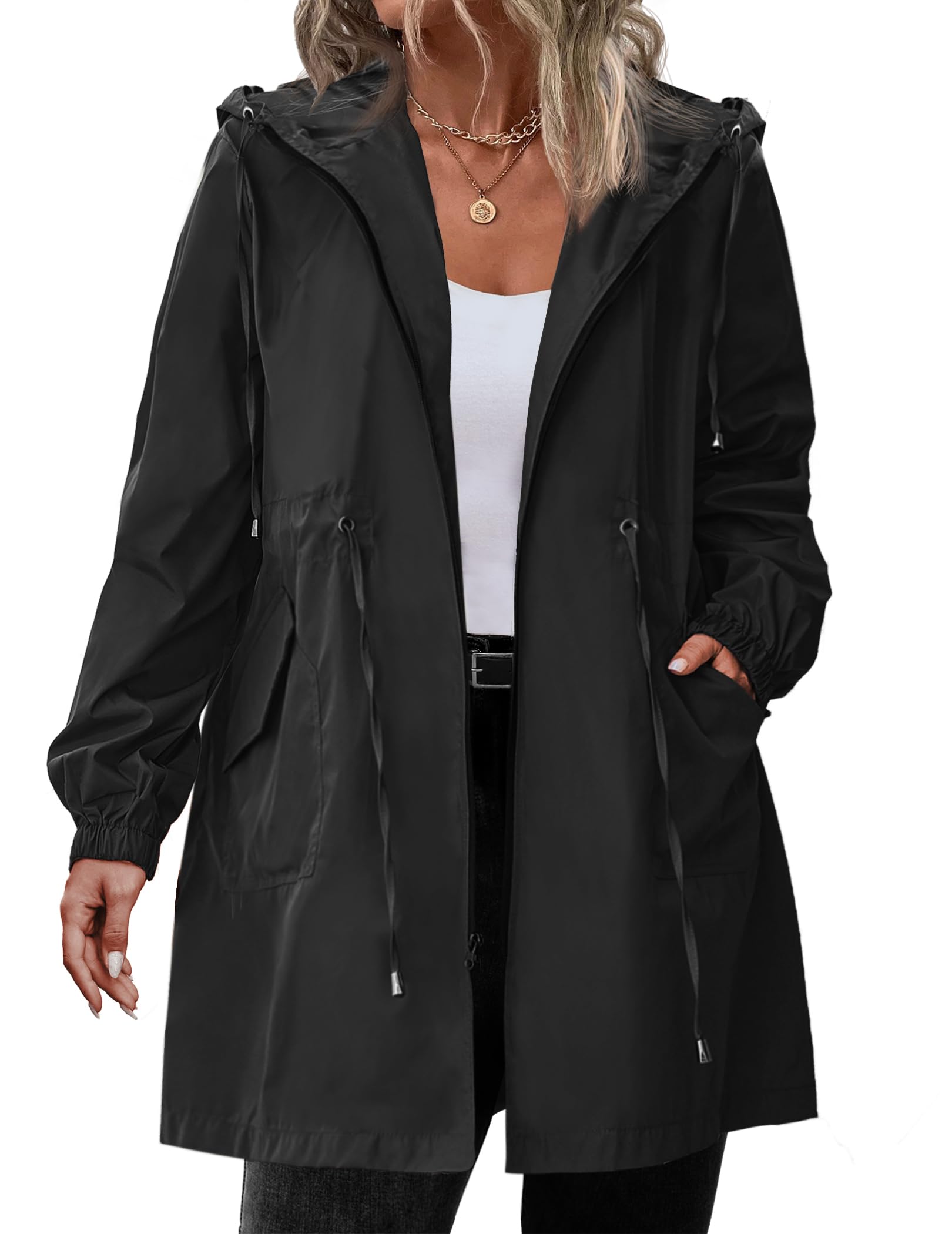 IN'VOLAND Women's Waterproof Rain Jacket - Plus Size Long Hooded Windbreaker with Pockets | Lightweight Outdoor Raincoat for Hiking, Commuting & Travel