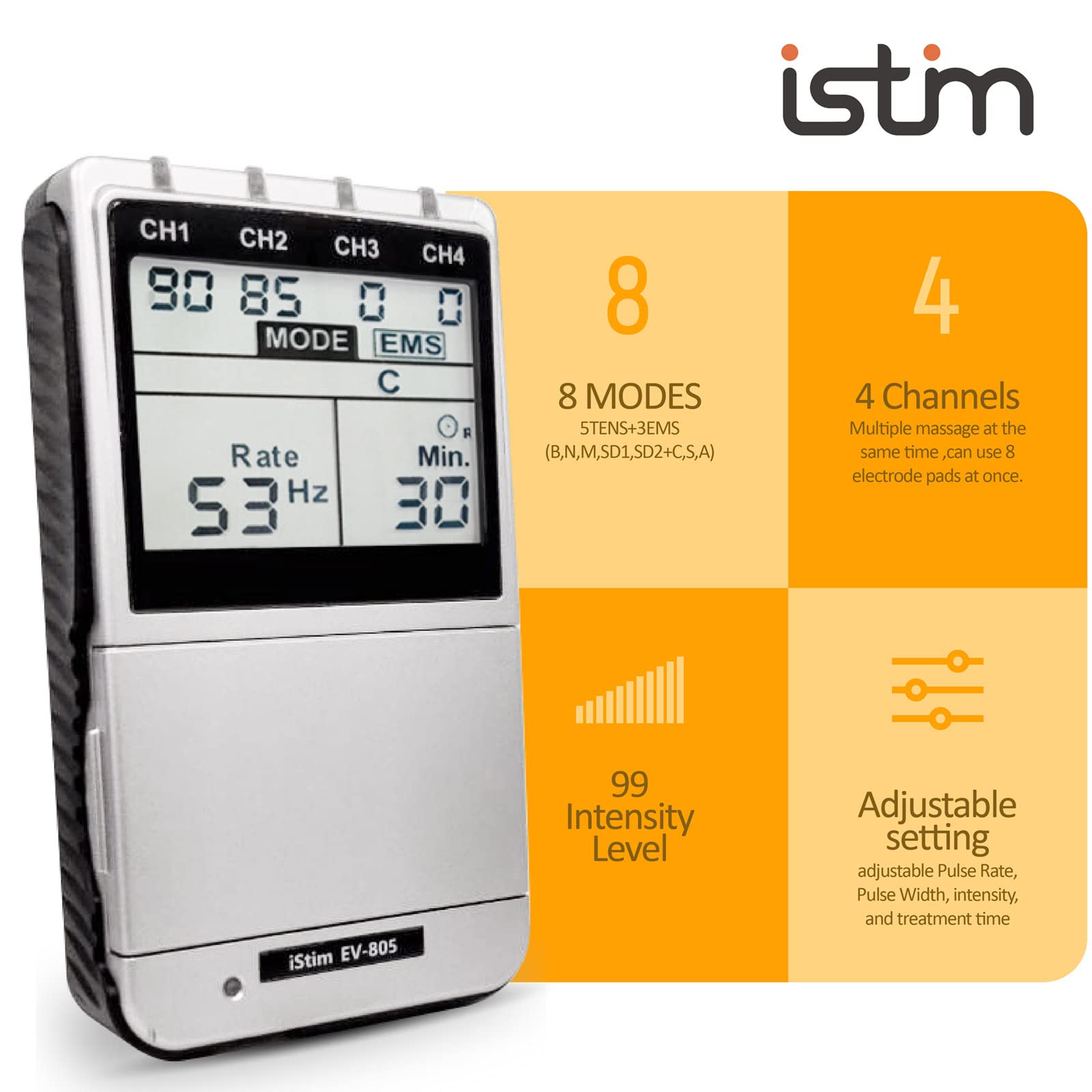 iSTIM EV-805 TENS EMS 4 Channel Rechargeable Muscle Stimulator - 24 Programs with Backlit Display for Pain Relief & Muscle Recovery - Includes Electrode Pads - Perfect for Back Pain, Sports Recovery & Physical Therapy