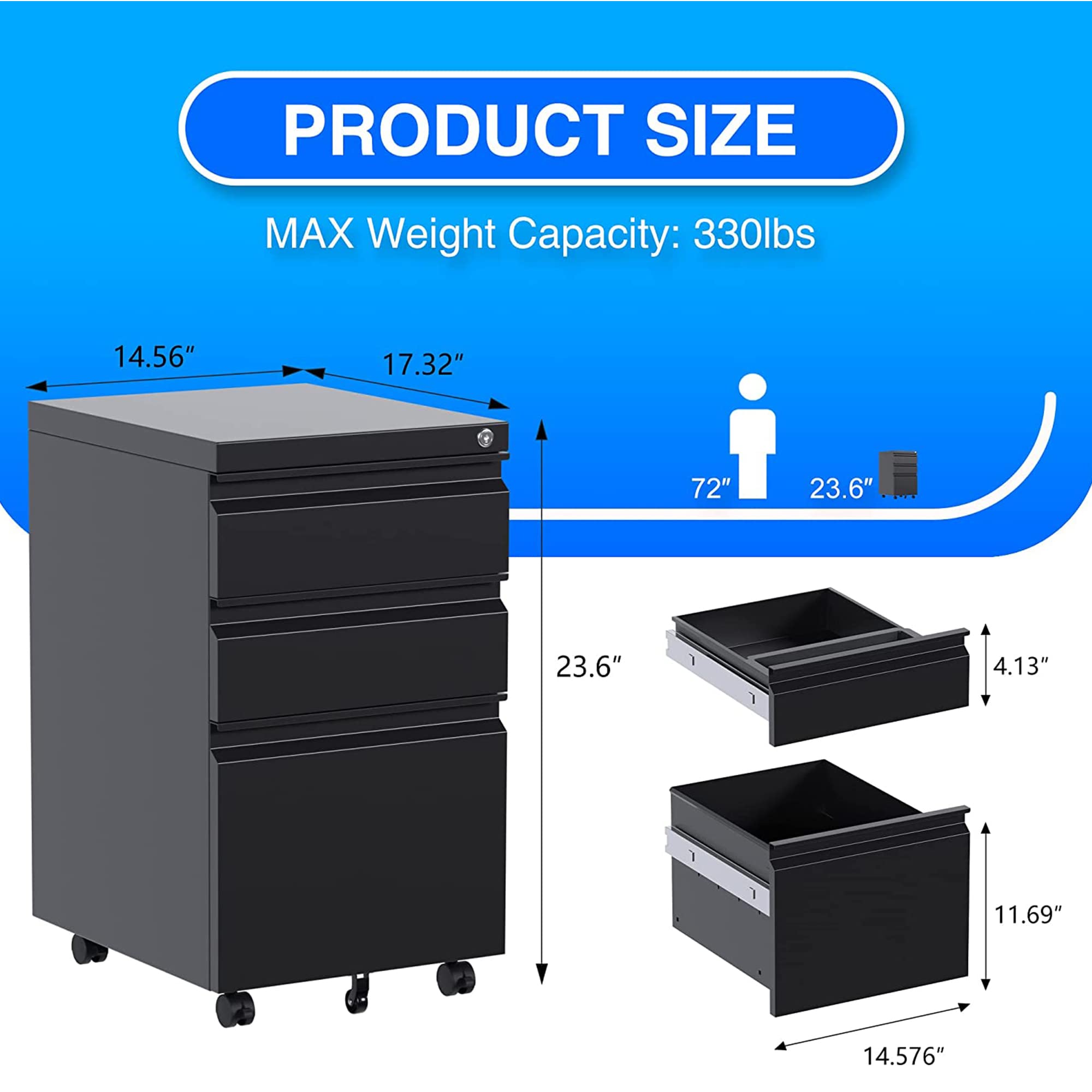 Aobabo 3-Drawer Lockable Metal File Cabinet with Wheels - Letter/Legal Size Home Office Storage - Black (Pre-Assembled) | Perfect for Organizing Documents in Small Businesses, Home Offices & Workspaces