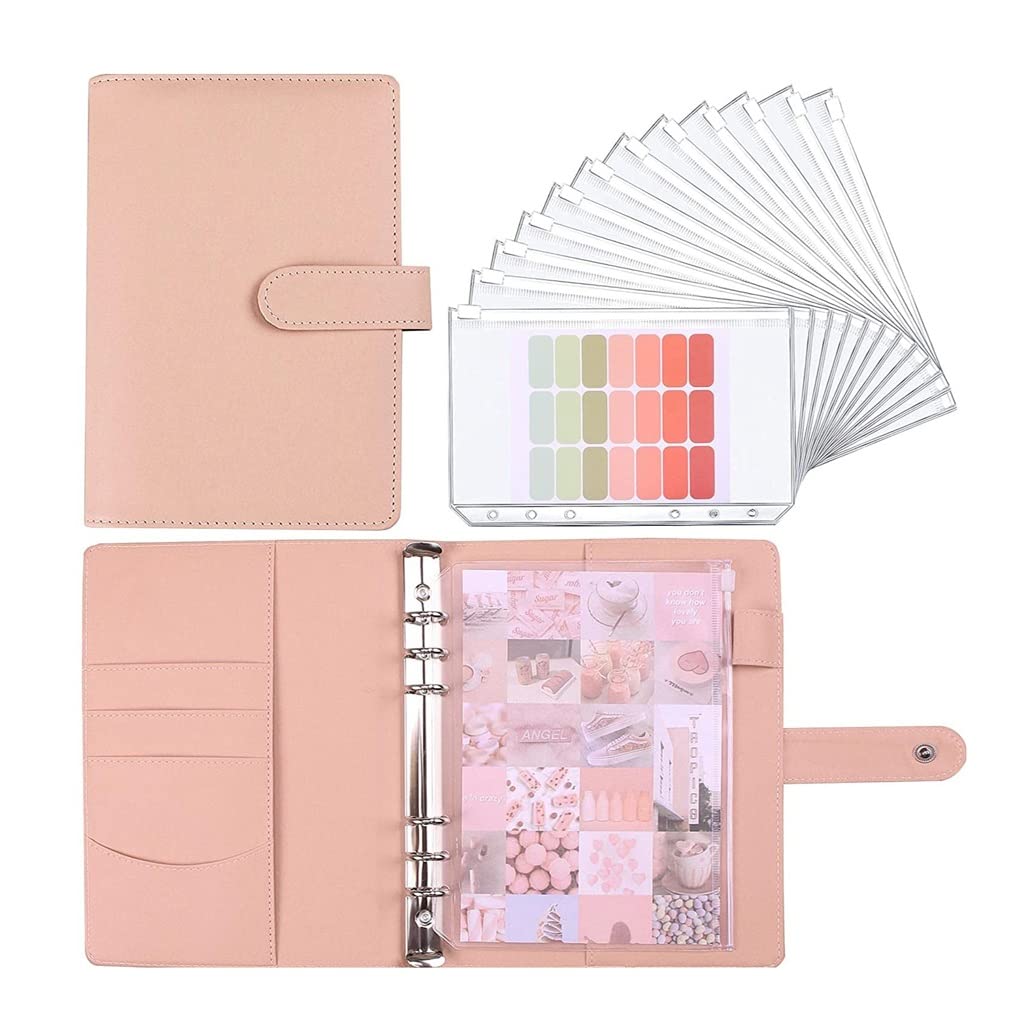 Budget A5 A6 Binder Planner with 12 Cash Envelopes - Colorful PU Leather Notebook with Pockets for Money Saving & Budgeting (Pink, A5 Size 28x22x3.5cm) - Perfect for Personal Finance, Expense Tracking & Organization at Home or Office