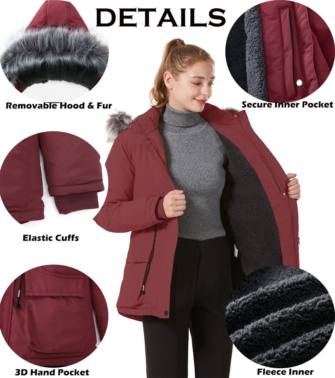 GGleaf Women's Winter Jacket - Hooded Fleece-Lined Thickened Parka Puffer Coat with Faux Fur Hood | Warm Windproof Outerwear for Snow Skiing, Hiking & Cold Weather Activities