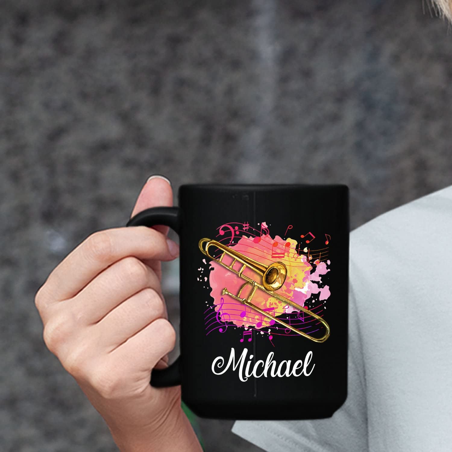 **Personalized Trombone Coffee Mug - Custom Name Engraved 11oz & 15oz Ceramic Cup - Perfect Gift for Trombone Players & Band Members - Ideal for Home, Office, Travel & Music Lovers**