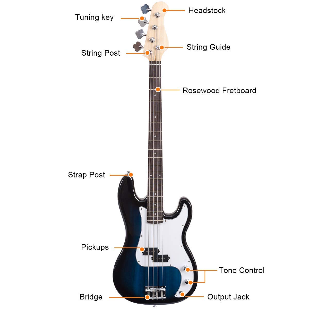 **Costzon Full Size Electric 4-String Bass Guitar Kit for Beginners – Rosewood Fingerboard & Bridge, Dual Pickups & Tone Controls, Includes Gig Bag, Strap, Picks, Amp Cable (Blue) – Perfect for Practice, Performances & Recording**
