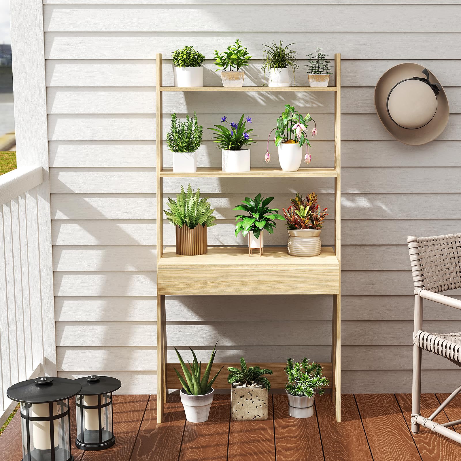 Tangkula Space-Saving Ladder Desk with Wooden Countertop & Storage Drawer - Compact Home Office Computer Table with Open Shelves & Anti-Tip Safety Kit - Wall-Leaning Workstation for Small Spaces (Natural Wood Finish) - Perfect for Dorm Rooms, Studio Apartments & Home Office Setups