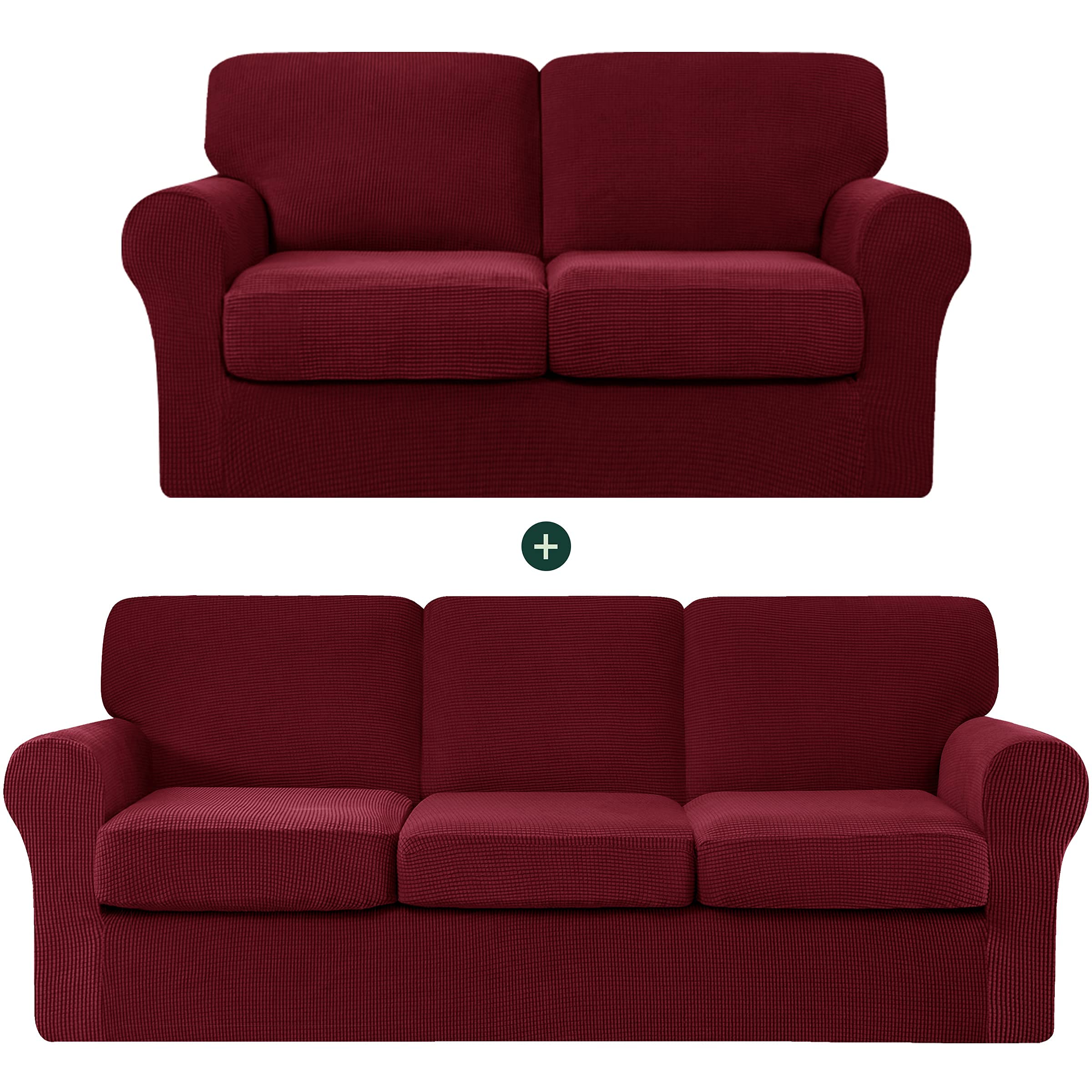 CHUN YI Loveseat Sofa Cover Set - Stretchable Jacquard Fabric Slipcover with Detachable Backrest & Cushion Covers - Checkered Design (Wine Red) for Living Room, Bedroom, or Office Furniture Protection