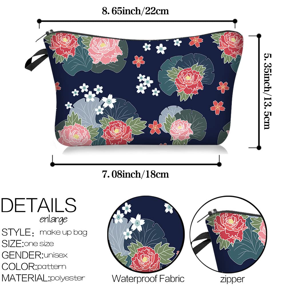 FITINI Waterproof Makeup Bag for Women - Small Travel Cosmetic Organizer Pouch with Zipper, Portable Toiletry Storage Case for Girls | Perfect for Travel, Gym & Daily Use (Blue Peony)