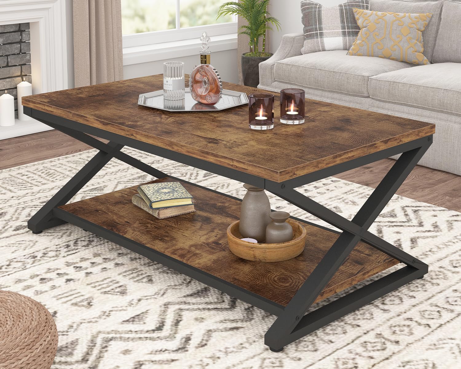 HSH Rustic Brown Wood Coffee Table with Storage - 39 Inch Modern Farmhouse 2-Tier Center Table for Living Room, Home Office & Bedroom | Rectangle Cocktail & Tea Table for Minimalist Decor & Small Space Organization