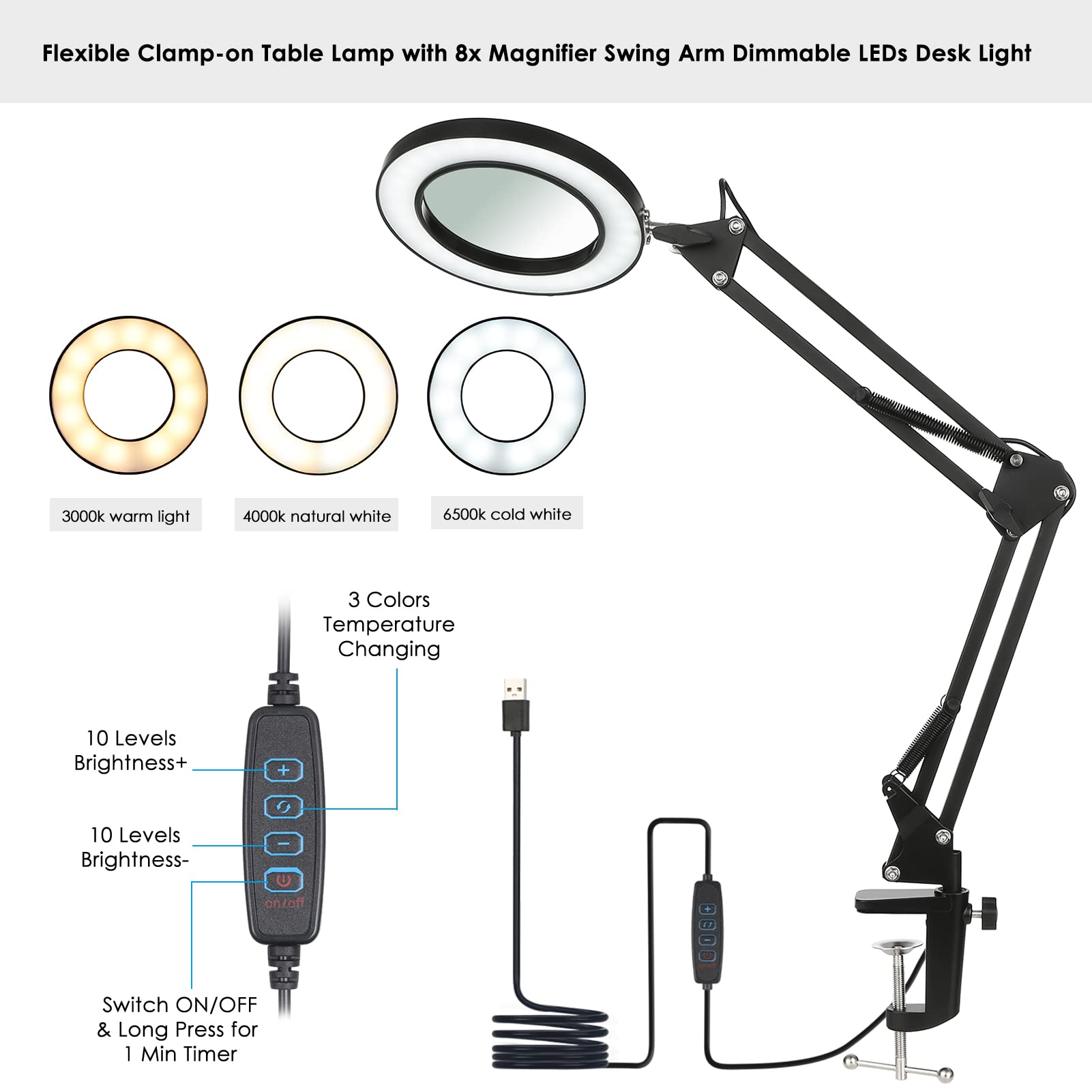 Flexible Clamp-on LED Desk Lamp with 8X Magnifier - Dimmable Swing Arm Light with 3 Color Modes & 10 Brightness Levels - Perfect for Reading, Working, Studying, and Crafting