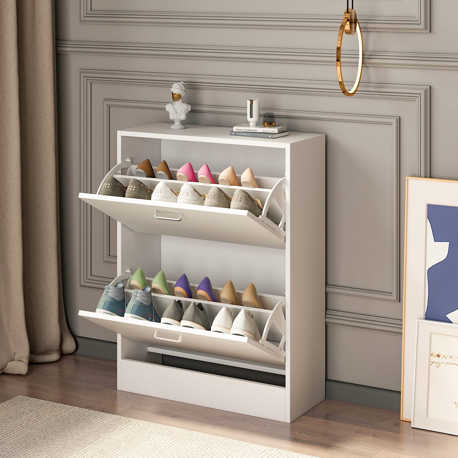Hitow Narrow Shoe Storage Cabinet with 2 Flip Drawers & Adjustable Shelf - Freestanding Entryway Shoe Rack for Small Spaces, White (23.6